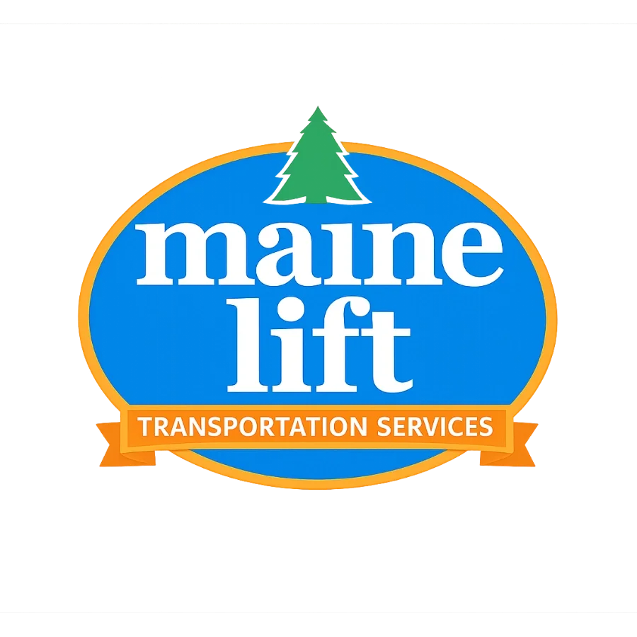 A logo for Maine Lift Transportation Services with a green pine tree at the top, a blue oval background, and orange banner with white text.