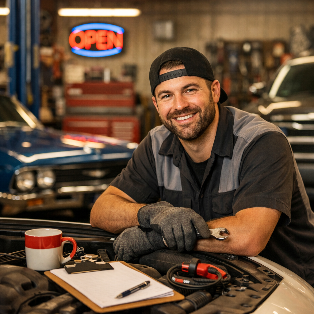 A smiling man wearing a black cap and mechanic gloves in an auto repair shop with classic cars, tools, and an 'Open' sign in the background.