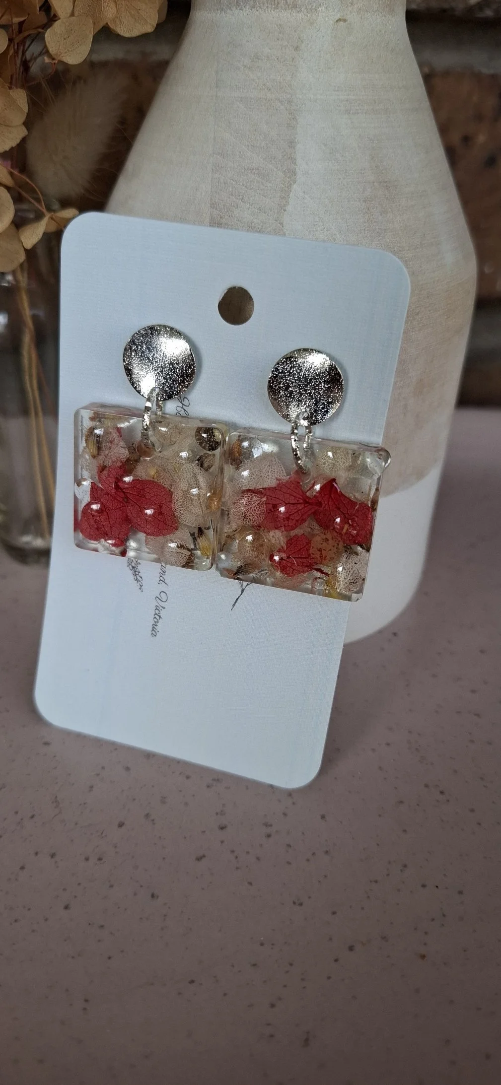 Botanical Resin Earrings - Red Square