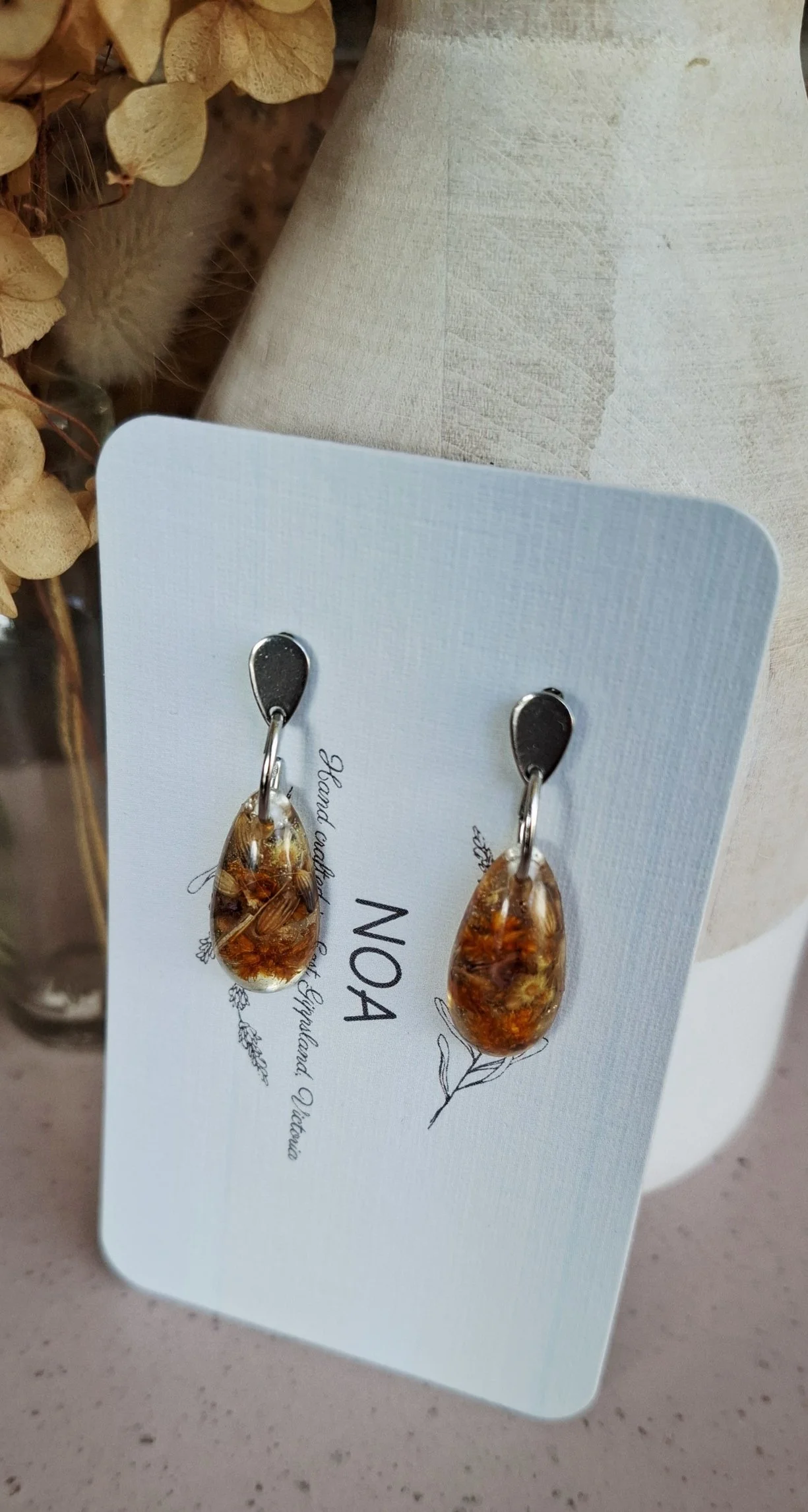 Botanical Resin Earrings - Teardrop Orange