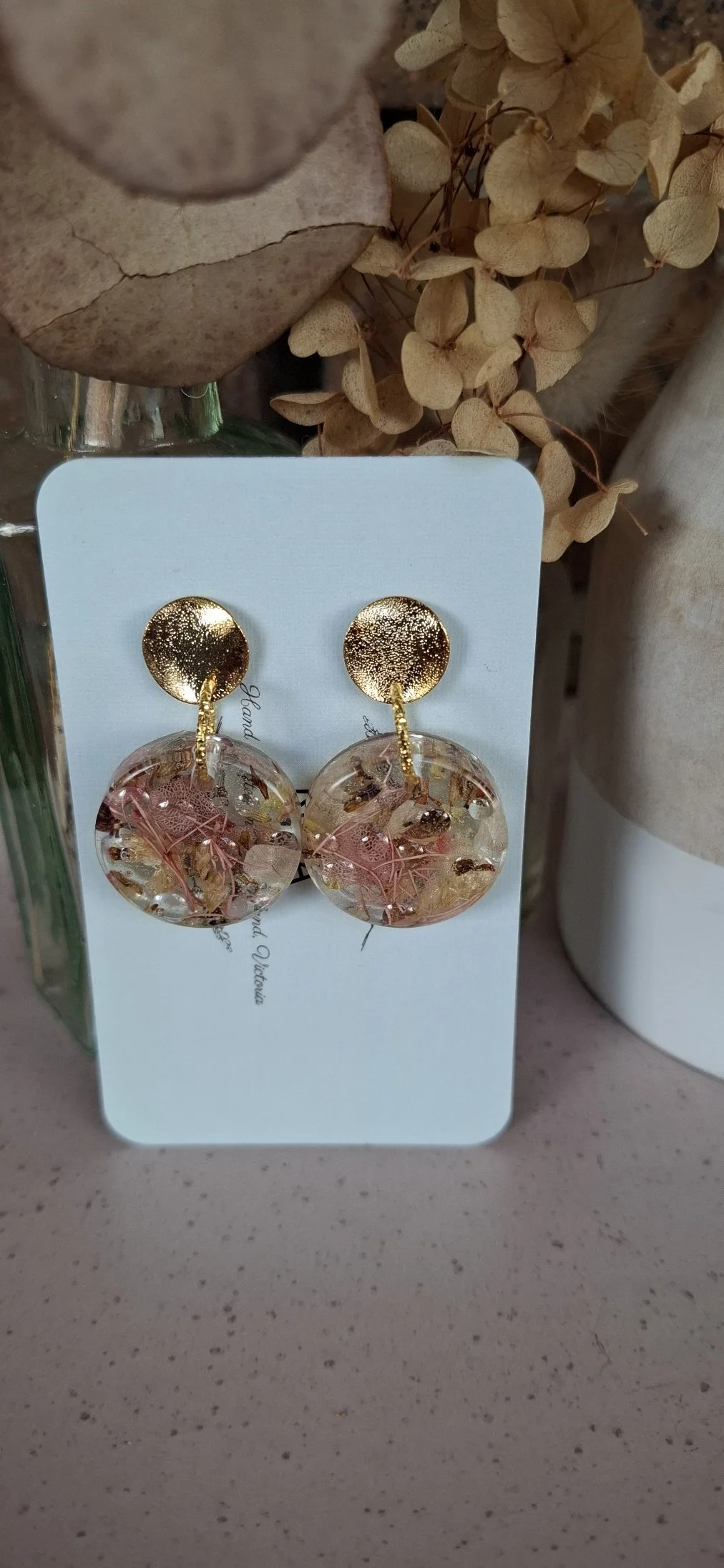 Botanical Resin Earrings - Circle Pink/Brown