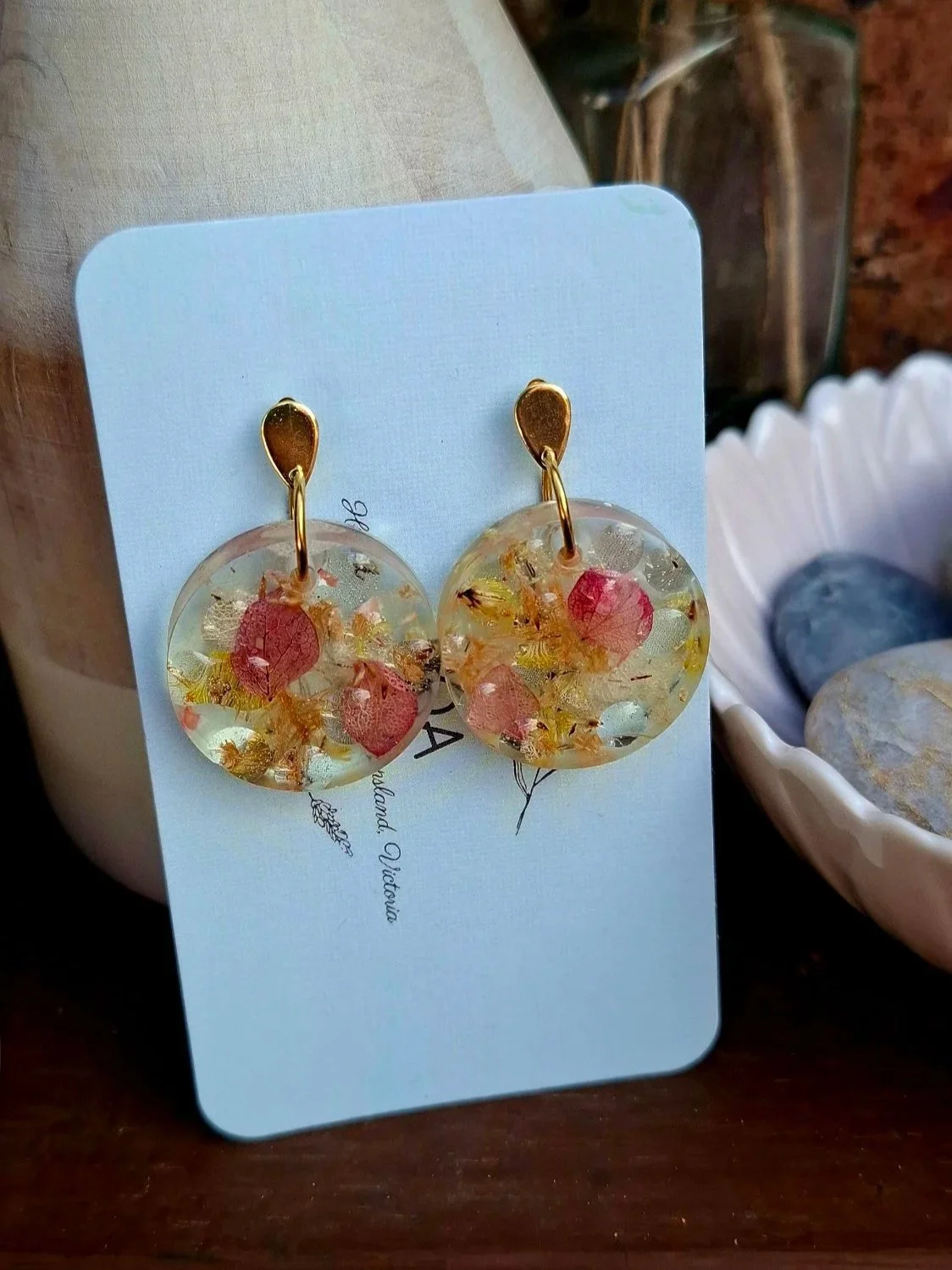 Botanical Resin Earrings - Circle Pink
