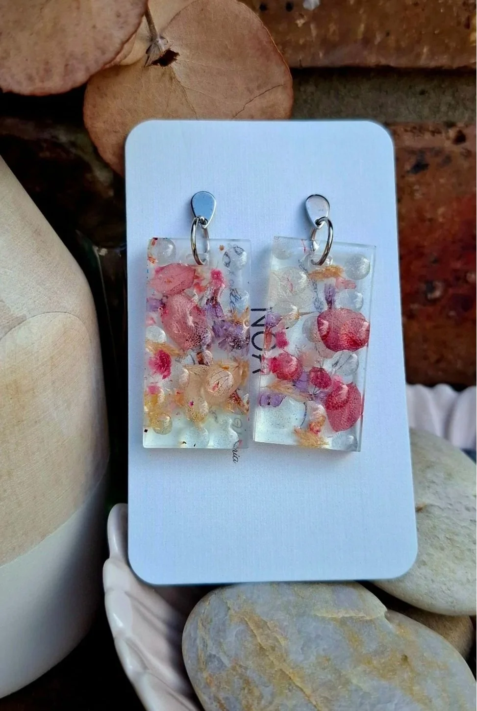 Botanical Resin Earrings - Pink Rectangle