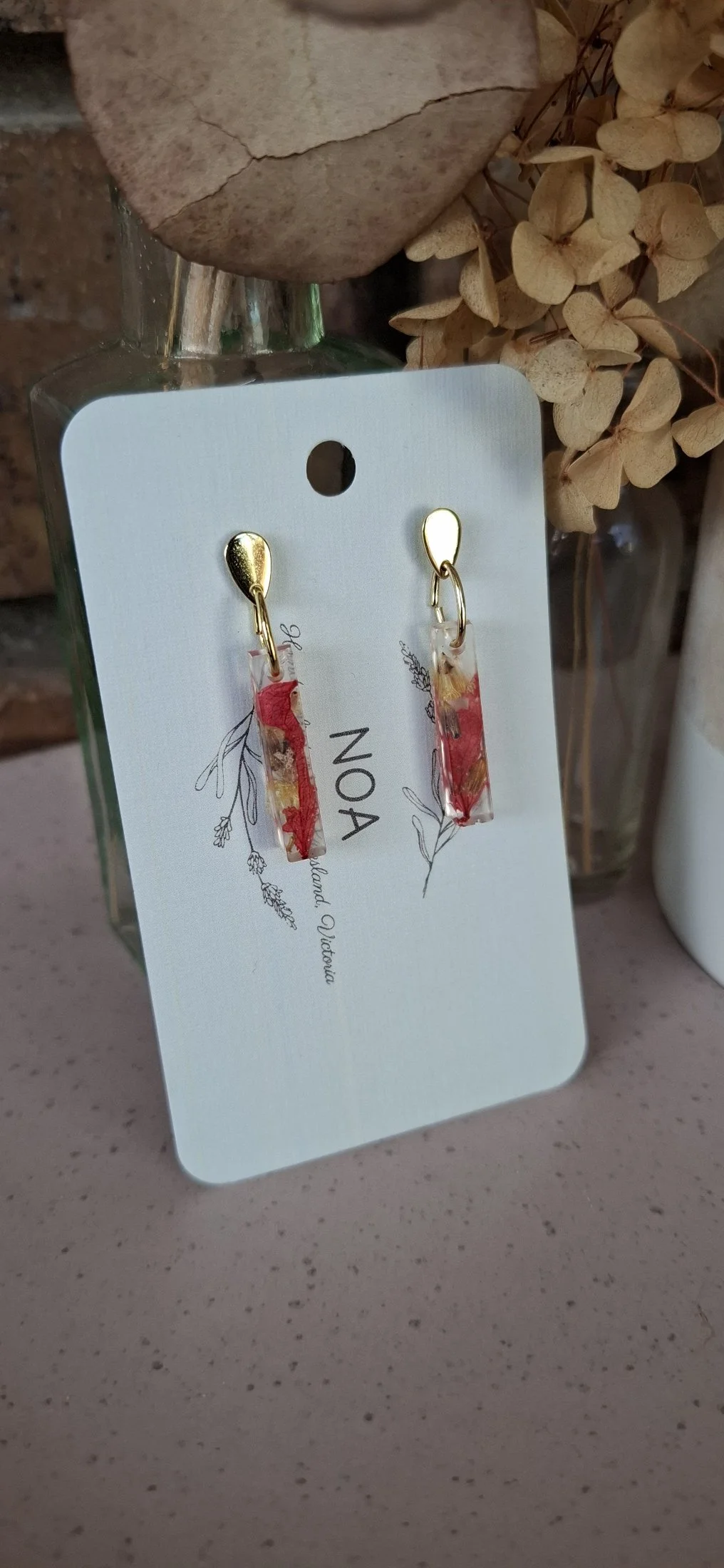 Botanical Resin Earrings - Red Stick