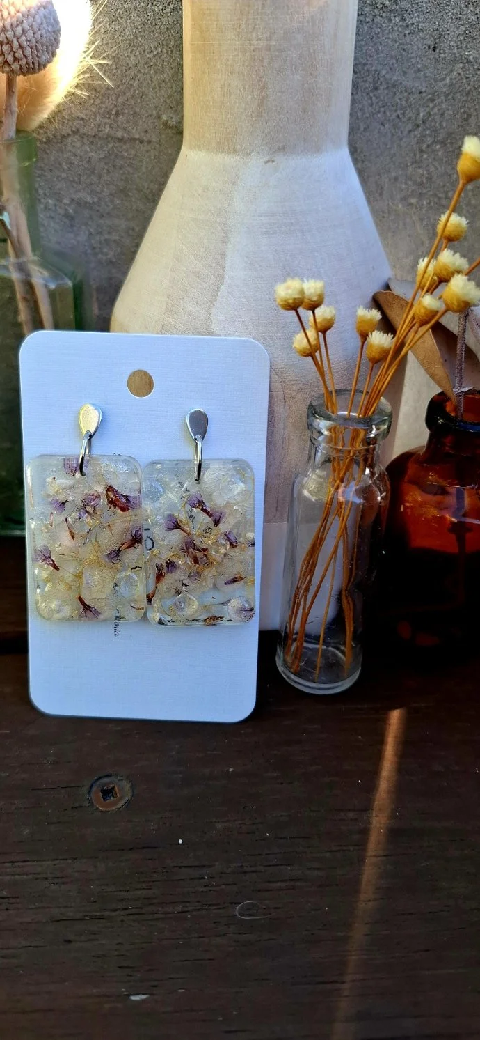 Botanical Resin Earrings - Purple/Cream Rectangle