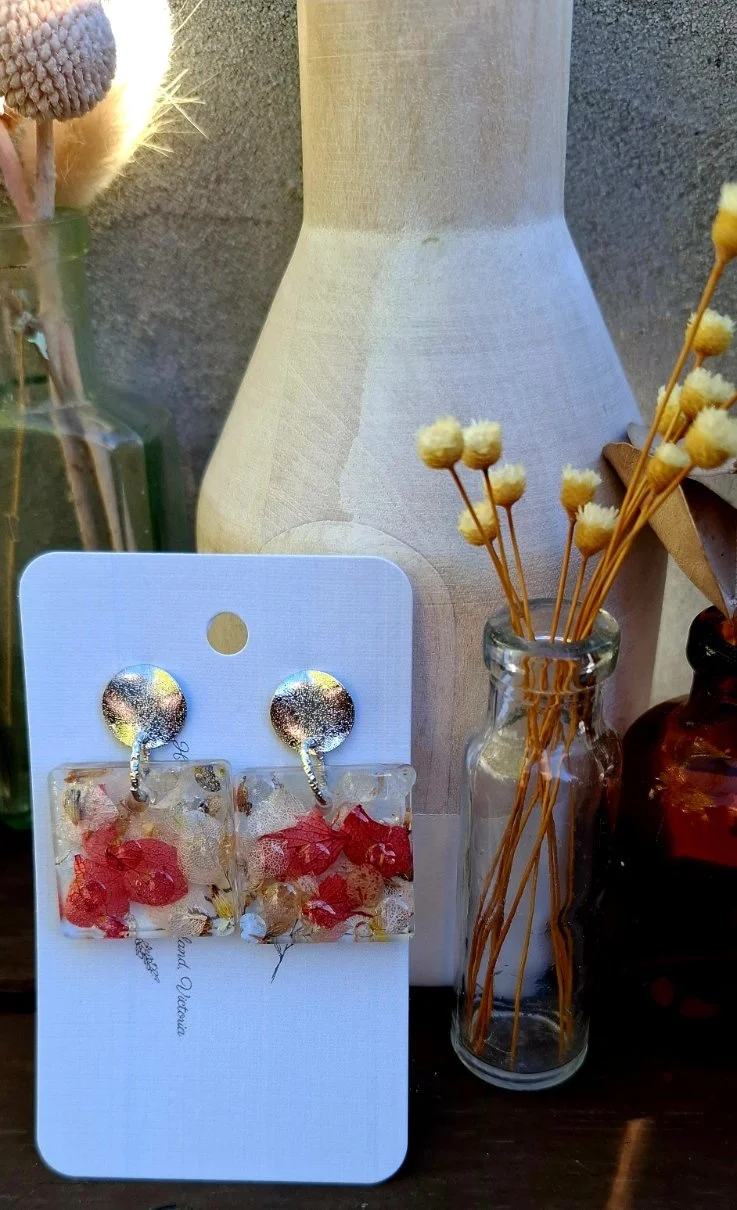 Botanical Resin Earrings - Red Square