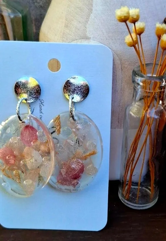 Botanical Resin Earrings - Pink Oval