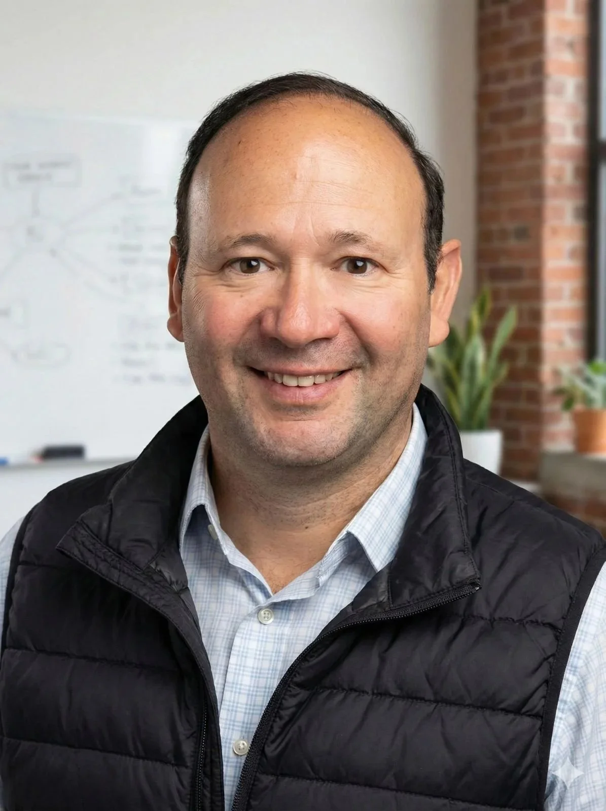 A smiling man in a collared shirt and black puffer vest in an office setting with plants and a whiteboard in the background.
