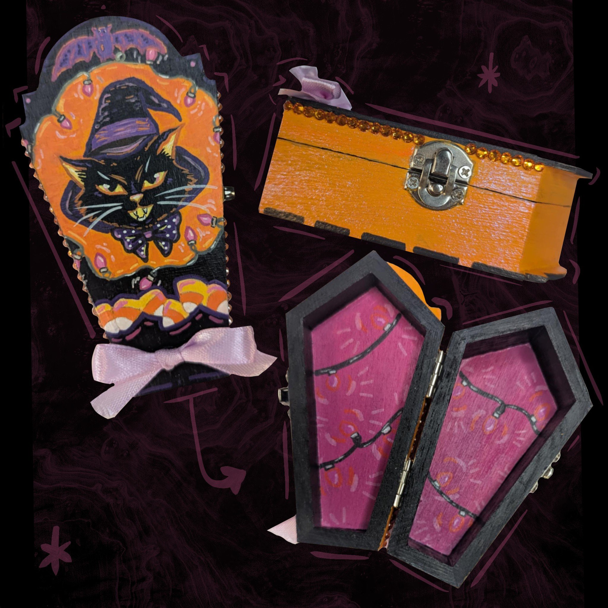 Vintage Halloween Cat Hand-painted Coffin Box