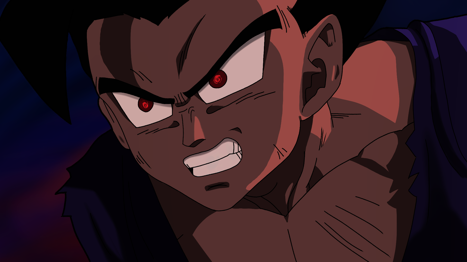 An animated character with red eyes and an intense, angry expression, showing clenched teeth and furrowed brows, with dark hair and skin, in a close-up shot.