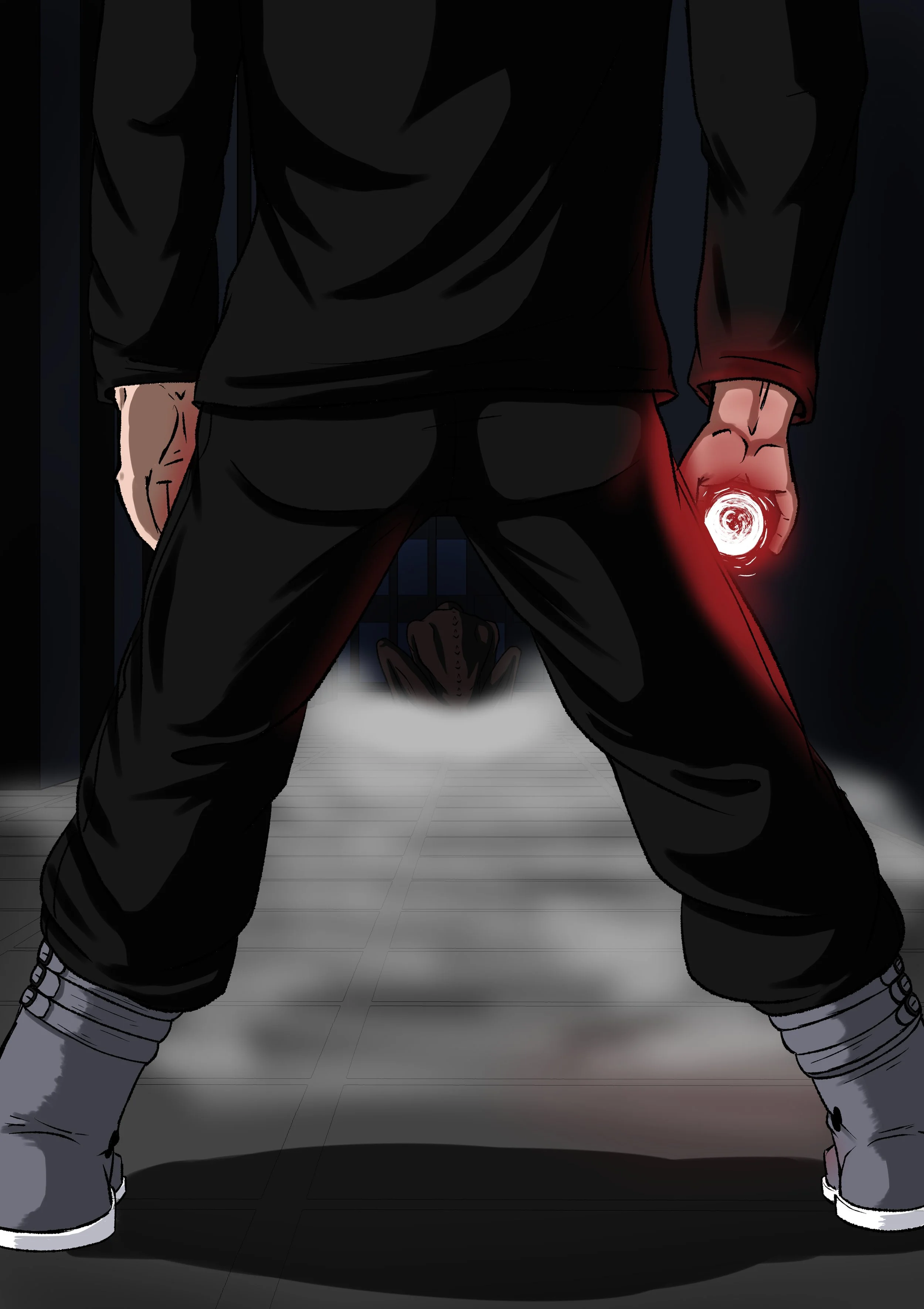 A person standing in an alley at night, holding a glowing red object in their right hand.