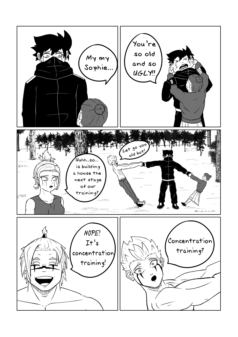 A black-and-white comic strip showing boys training outdoors. In the first panel, a boy with dark hair and glasses looks upset, saying "My my Sophie...". In the second panel, he is crying as another boy hugs him, calling him ugly. The third panel dep