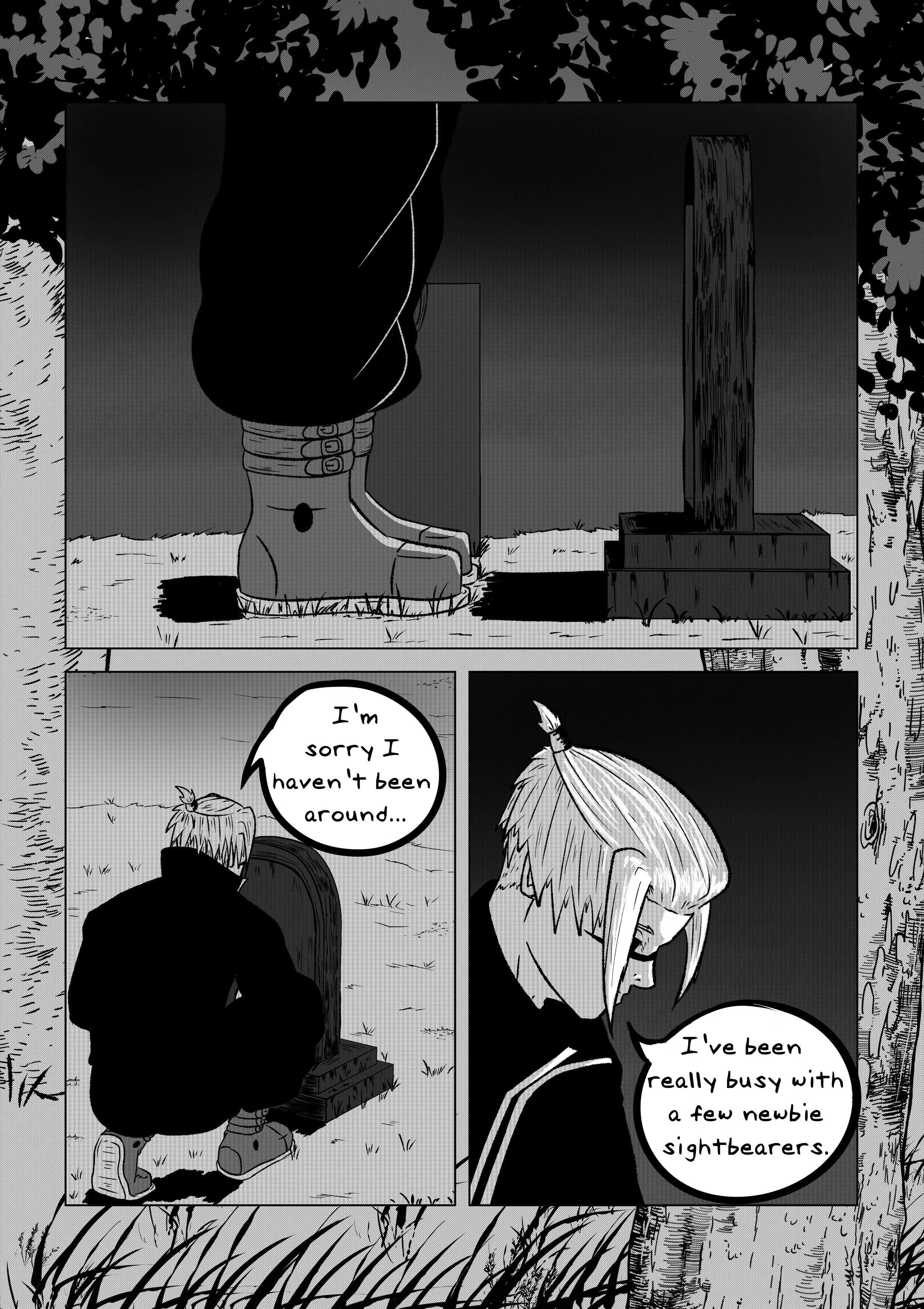 A person kneeling in front of a grave, apologizing for being absent and explaining they've been busy with new sightbearers.