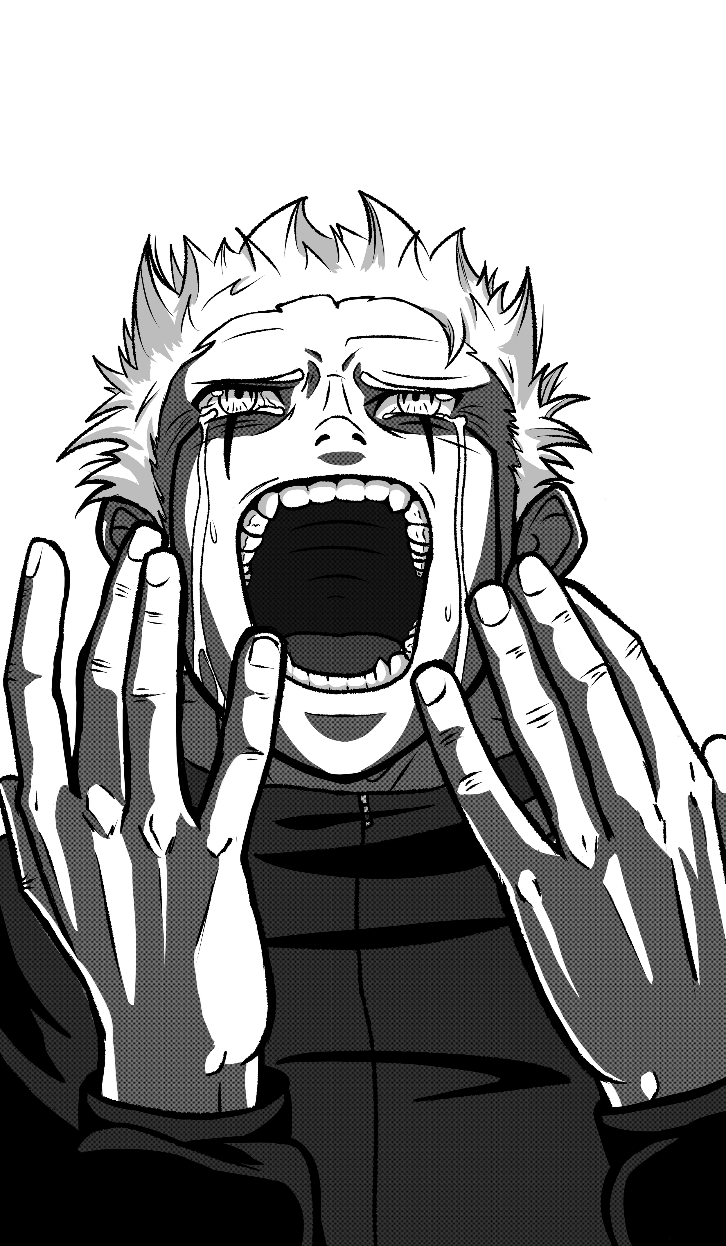 A black and white illustration of a man with spiky hair crying or screaming with tears streaming down his face, hands near his face, mouth wide open, showing his teeth and tongue.