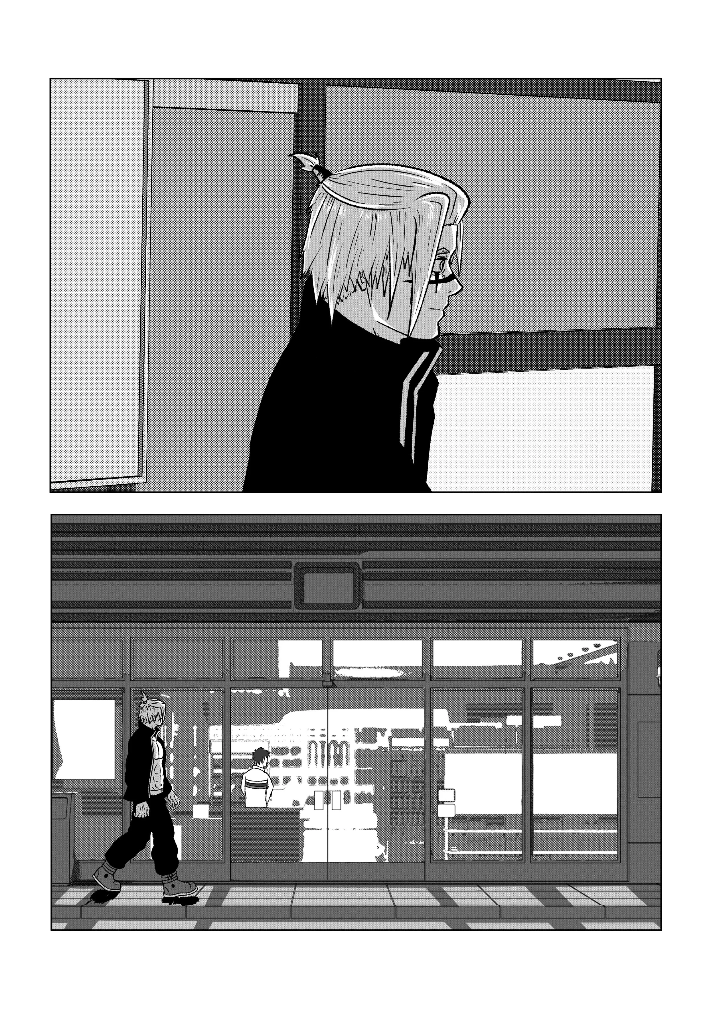 A black and white comic-style illustration of a young person with glasses and light-colored hair, wearing a jacket, walking past a storefront with large glass doors.