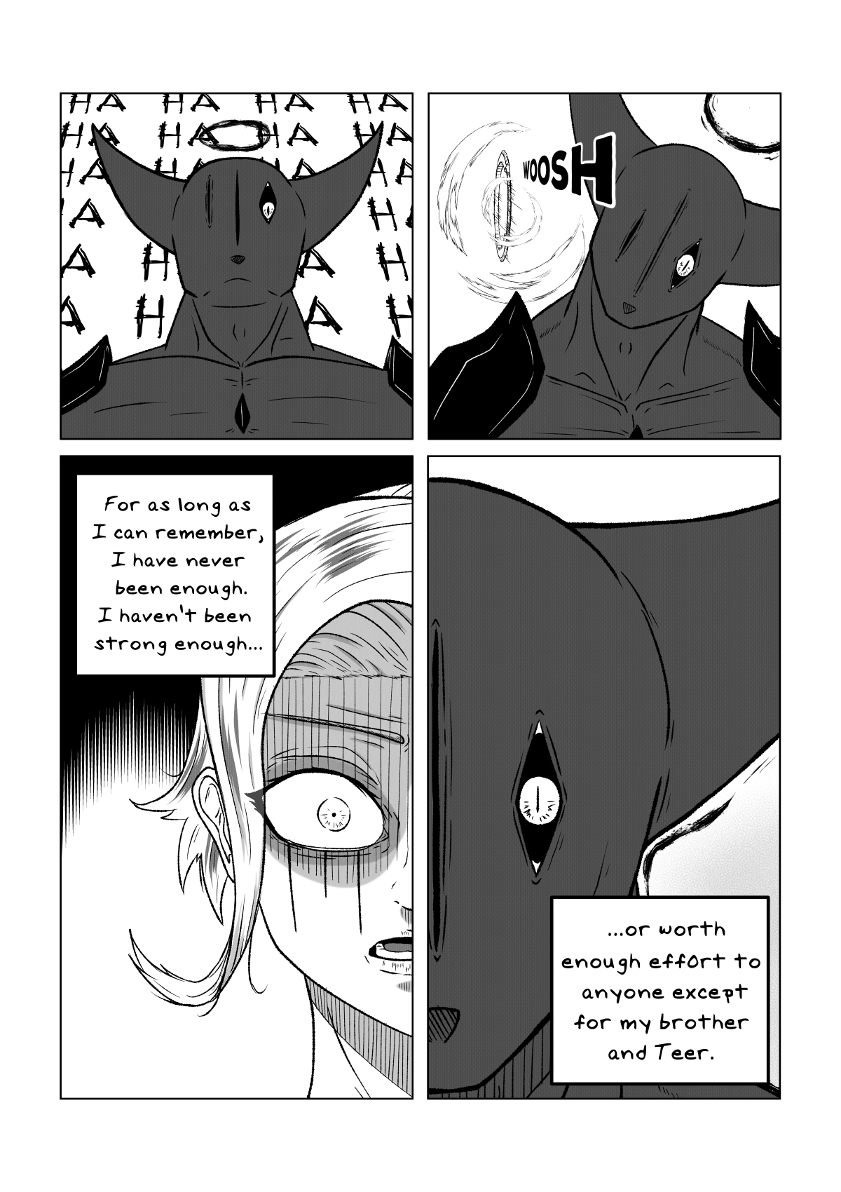 A black-and-white manga-style comic panel featuring a creature with horns and a third eye, a person with long hair and wide eyes, and a narration about strength and effort for loved ones.