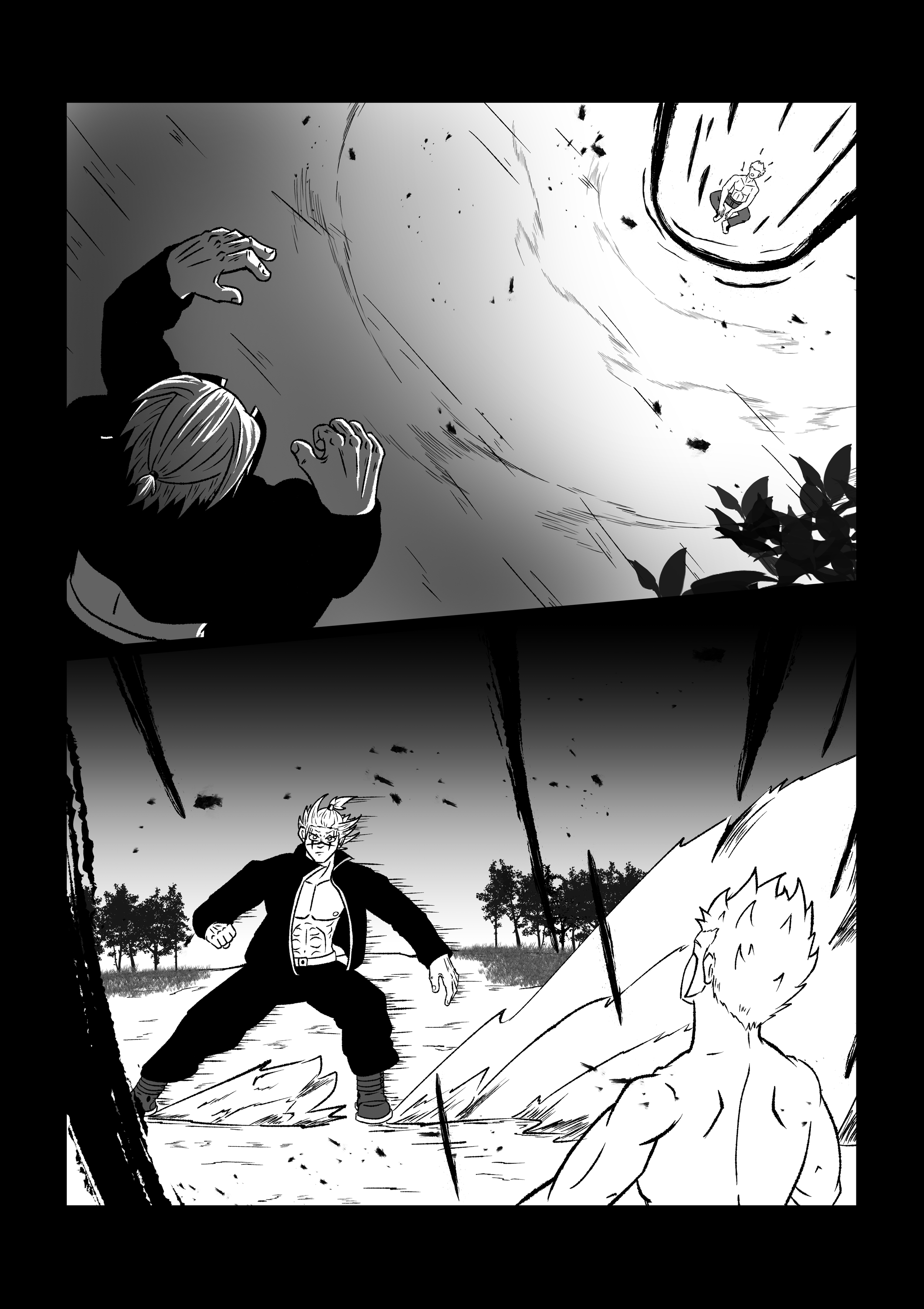 A comic-style grayscale drawing of two scenes. In the first scene, a person looks up at a swirling sky with a small figure falling from it. In the second scene, a muscular man with animalistic features stands confrontationally against a shirtless fig