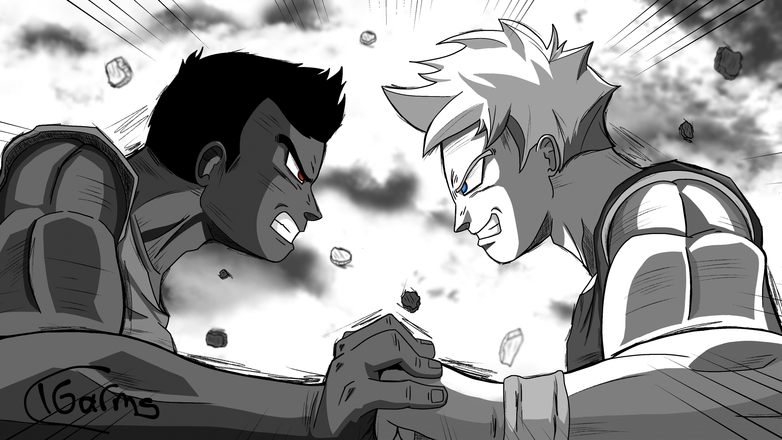 Two muscular male characters with fierce expressions face off in an arm-wrestling contest, gripping each other's hands tightly on a battlefield with stones floating in the air and a cloudy sky in the background, in a black-and-white anime style.