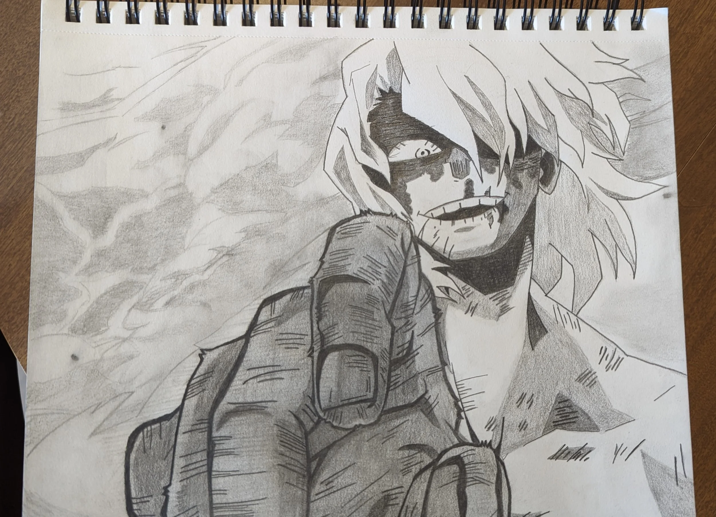 A pencil sketch of a character with messy hair, facial scars, and fierce expression, pointing directly at the viewer with a threatening gesture.