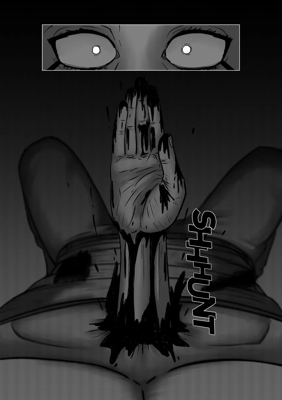 Black and white manga-style illustration of a person with wide eyes visible above, holding a hand up in front of their face, with the word "SHHUNT" written vertically next to them. The scene is dark and intense.