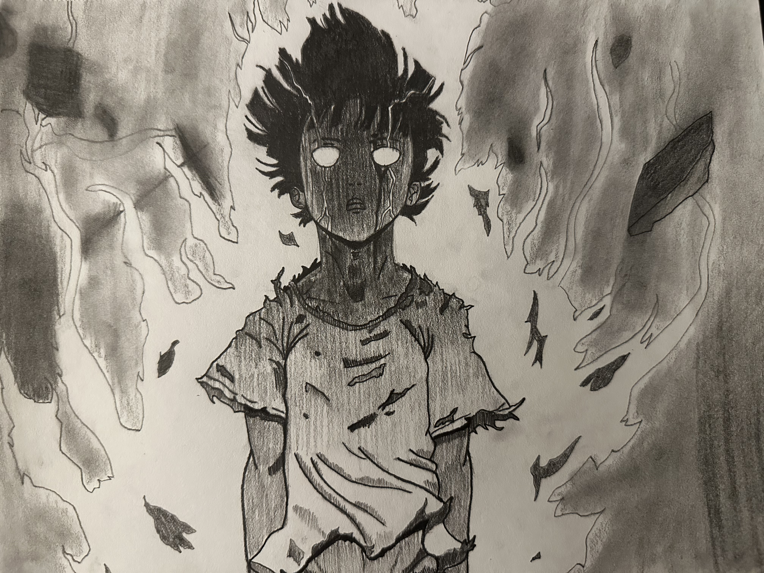 A drawing of a person with messy hair, blank eyes, and tears streaming down the face, standing amidst falling leaves and abstract dark shapes in the background.