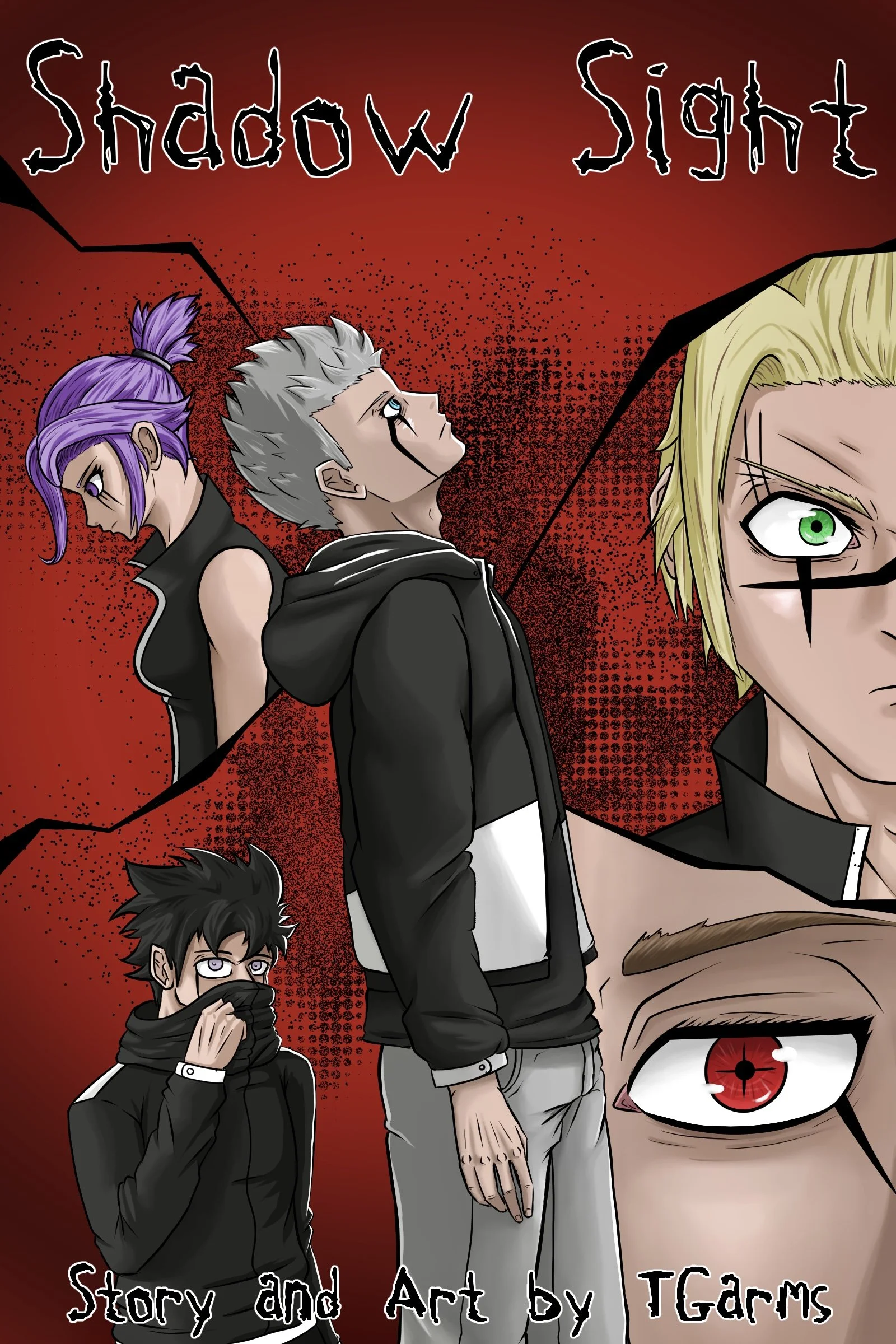 Anime-style illustration featuring five characters with different emotional expressions against a red background with black dots and cracks. The title 'Shadow Sight' is at the top, and 'Story and Art by T Garms' is at the bottom.