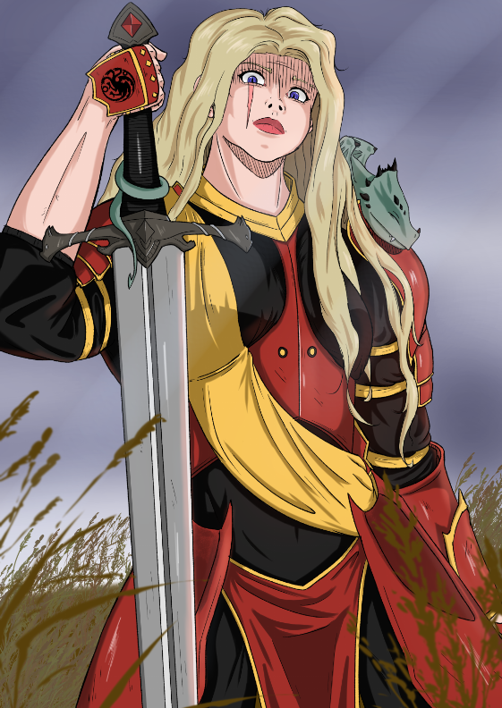 A warrior woman with long blonde hair, holding a large sword, standing outdoors in a field with tall grass under a cloudy sky. She wears armor with red, black, and yellow details and has a dragon-shaped shoulder pauldron, with a serious expression on