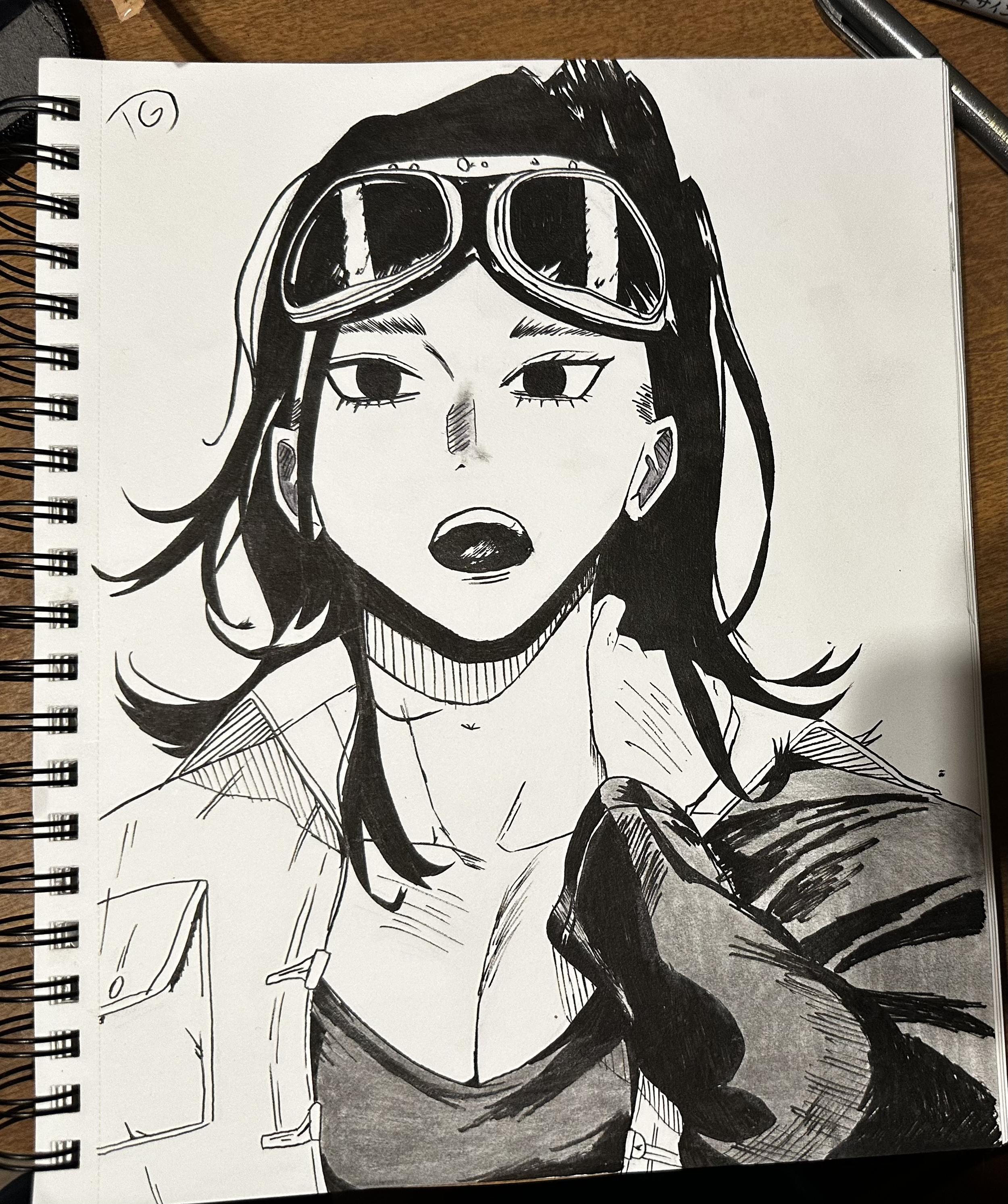 Black and white illustration of a young woman wearing goggles on her head, with an open mouth and an expressive look, dressed in a jacket and top.