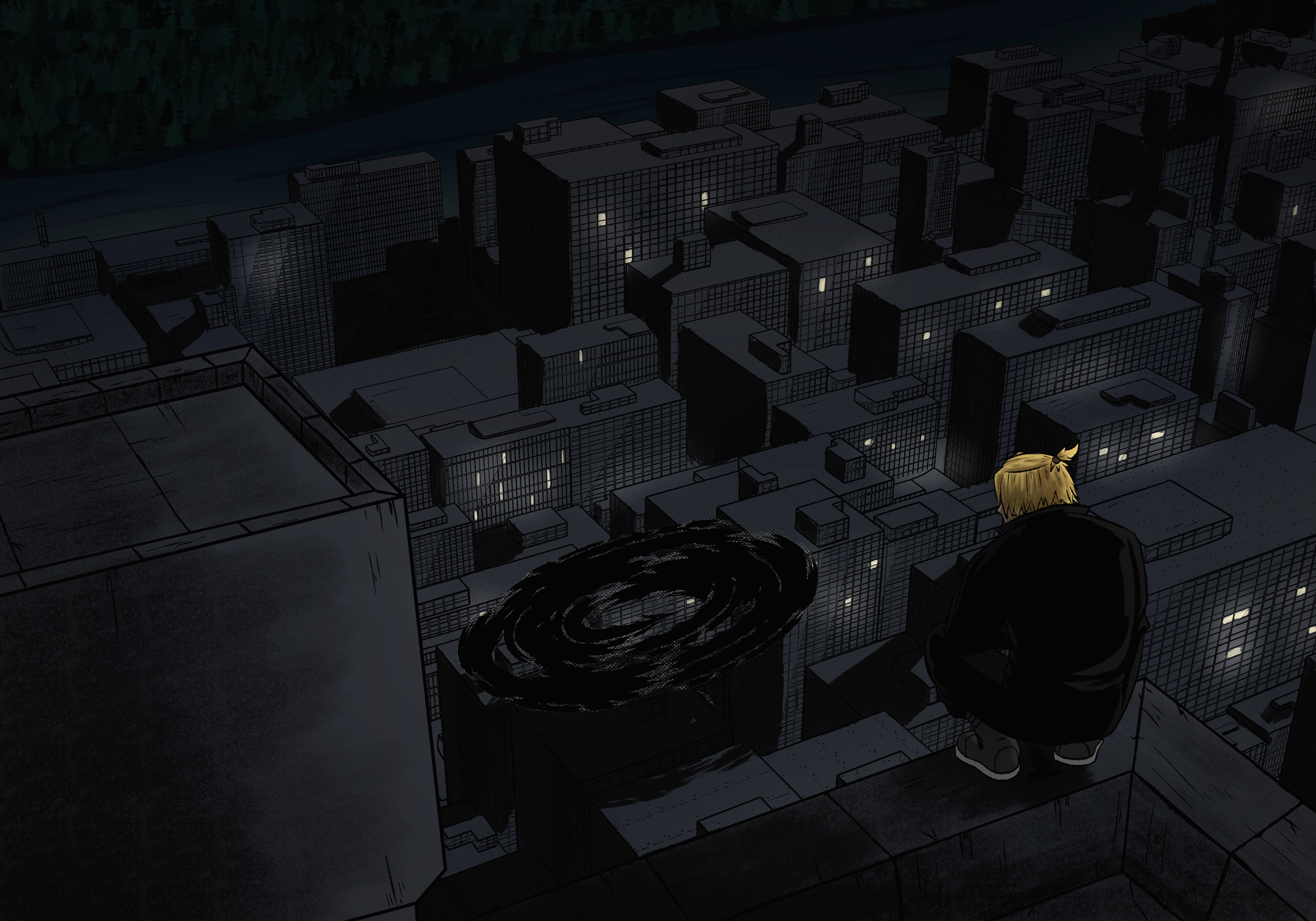 A person with blonde hair squatting on a rooftop at night, overlooking a cityscape with numerous tall buildings and illuminated windows, with a black swirling vortex on a nearby rooftop.