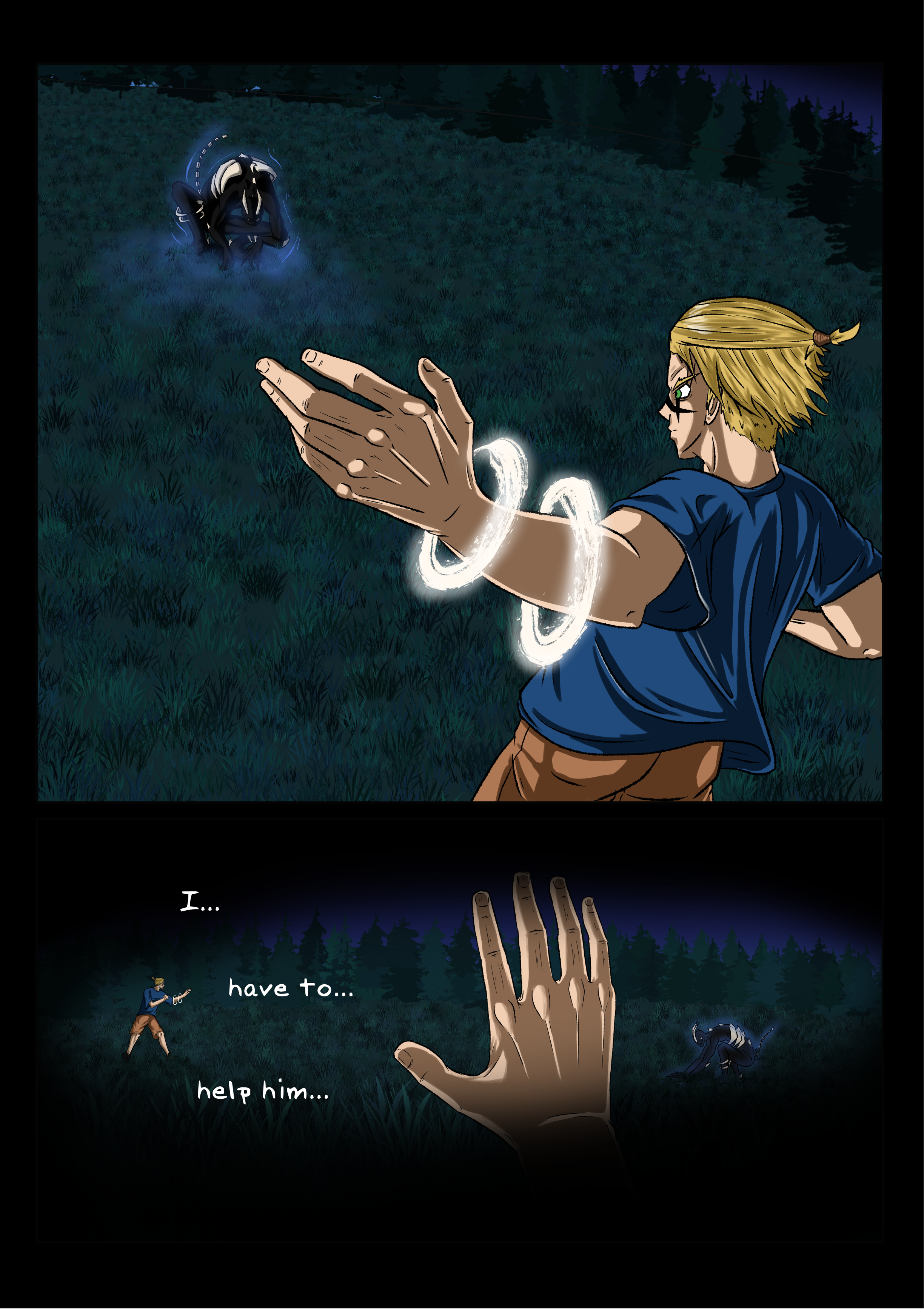 A person with blonde hair stands in a grassy field at night, casting a spell toward an aggressive creature with glowing eyes and a dark body, surrounded by a blue aura. The person appears to be trying to help someone off-screen.