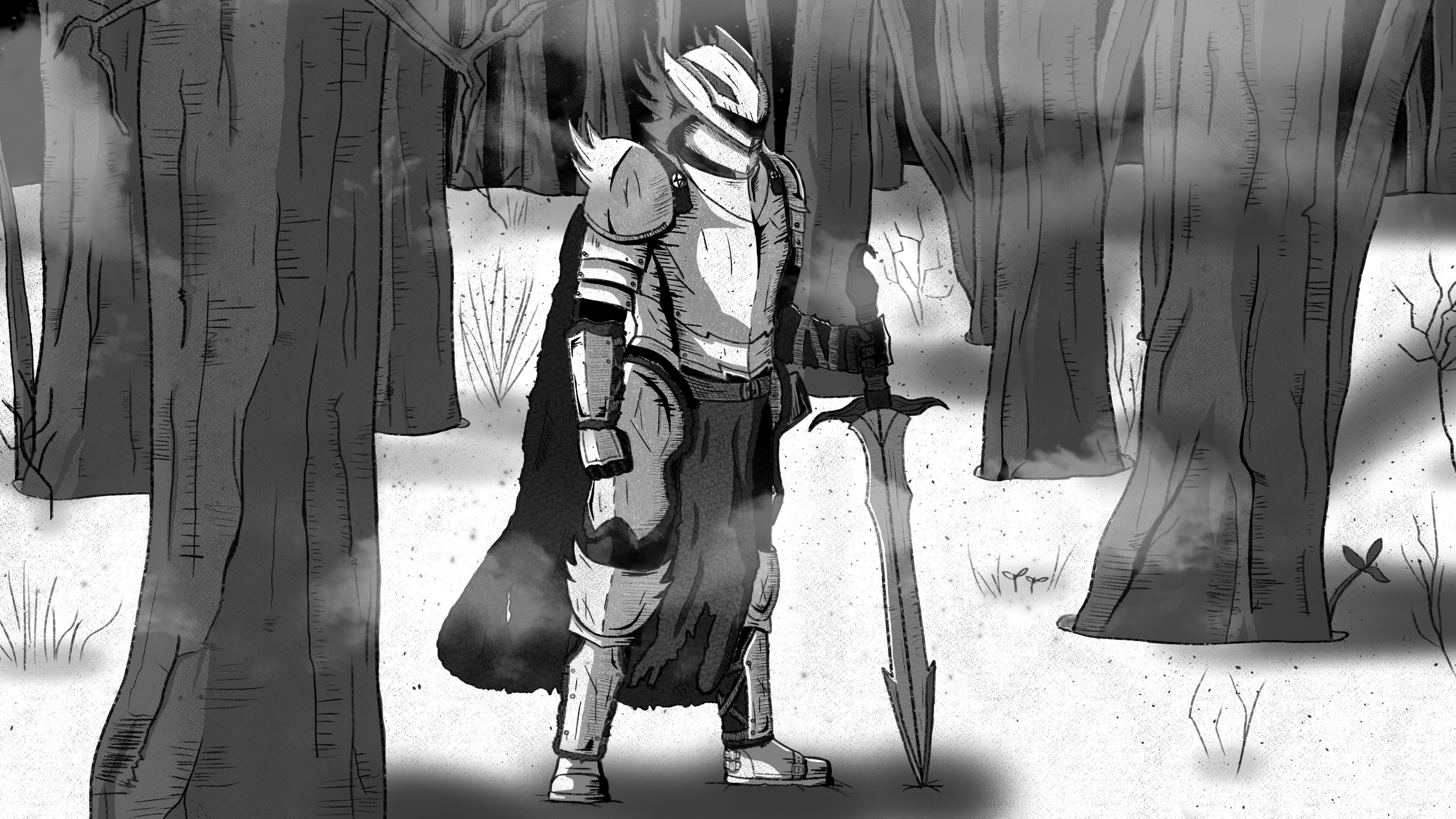 A knight in armor standing in a forest with trees around, holding a sword upright in the ground. The scene is depicted in black and white with detailed shading.