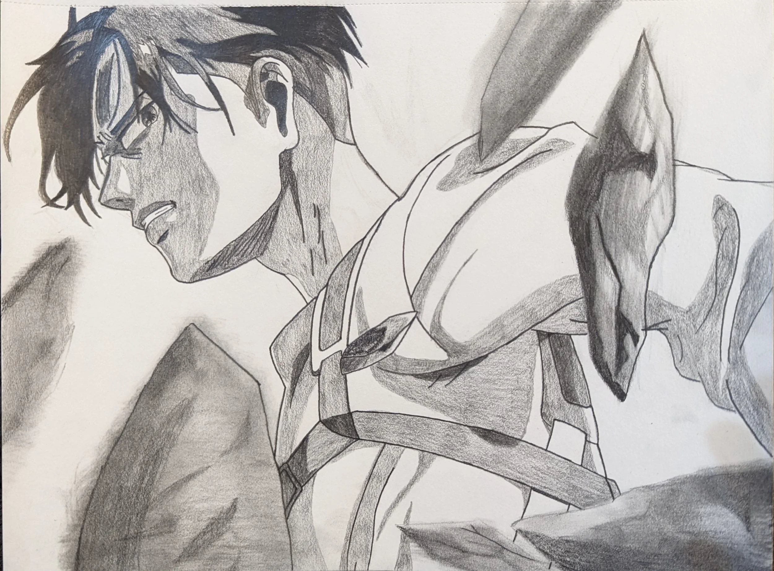 A pencil sketch of a male character with messy hair, wearing a harness and gloves, with a determined expression, likely from an anime or manga style.