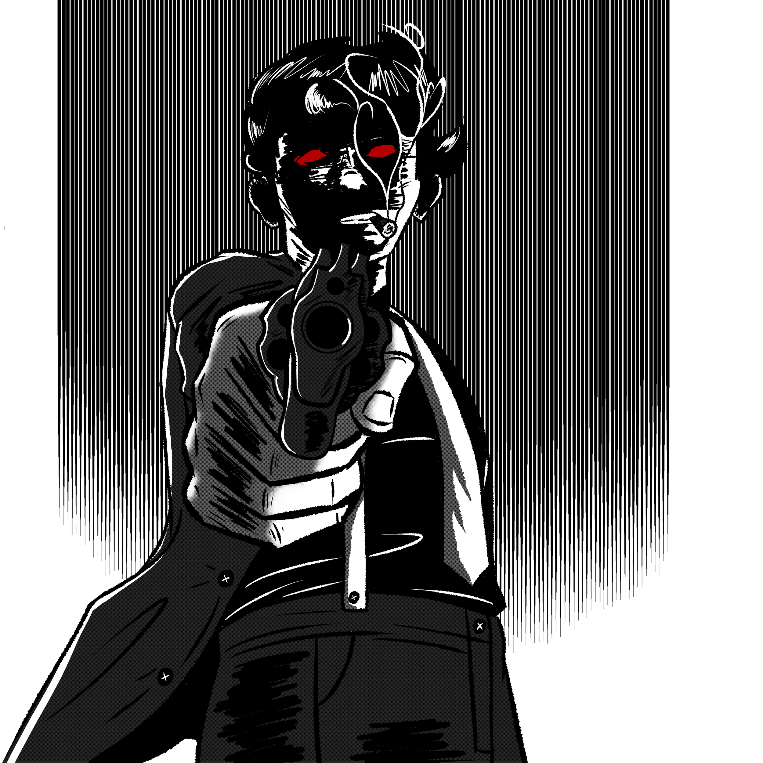A stylized black and white illustration of a person with red eyes, smoking, and pointing a gun directly at the viewer.