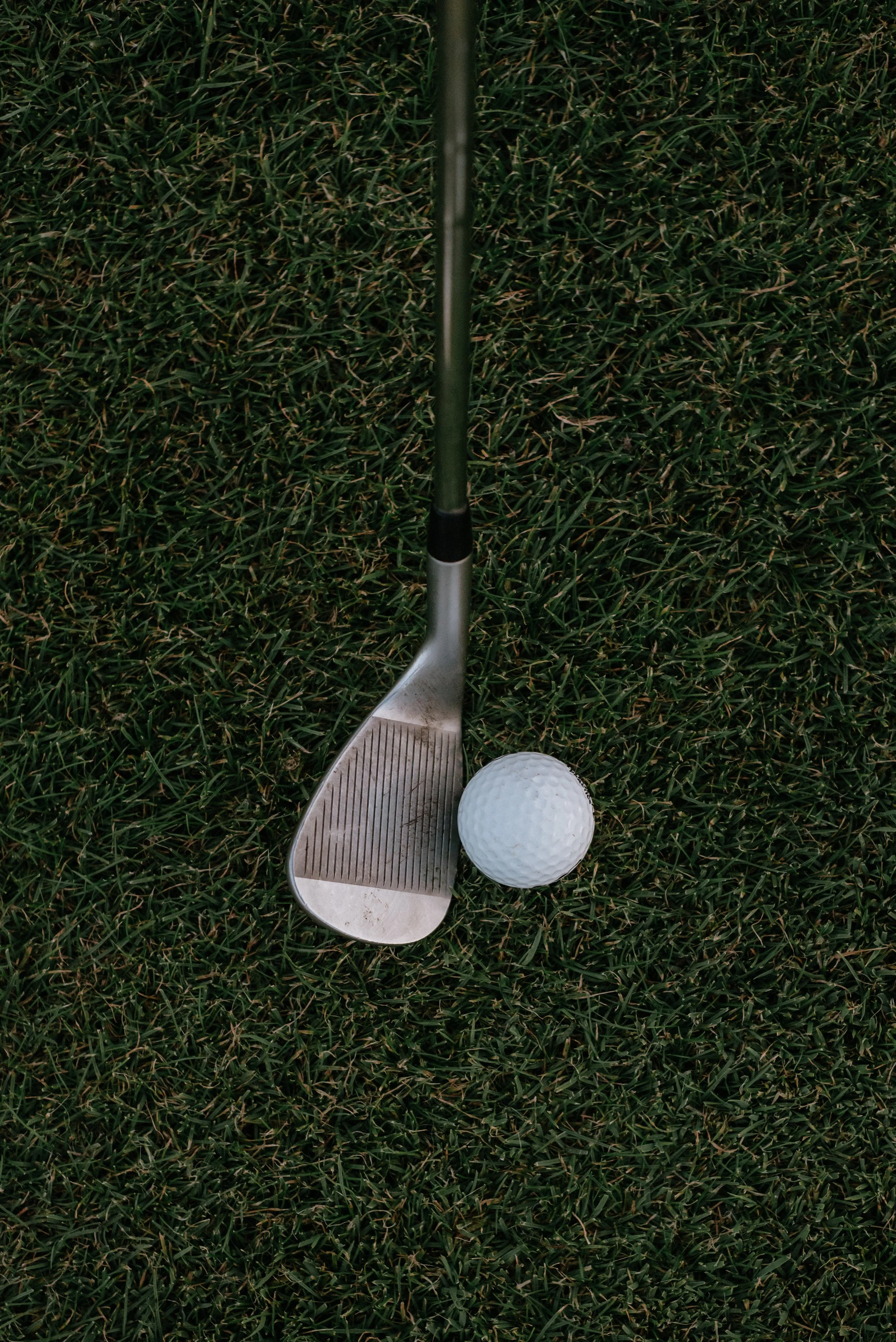 Golf club and golf ball on grass