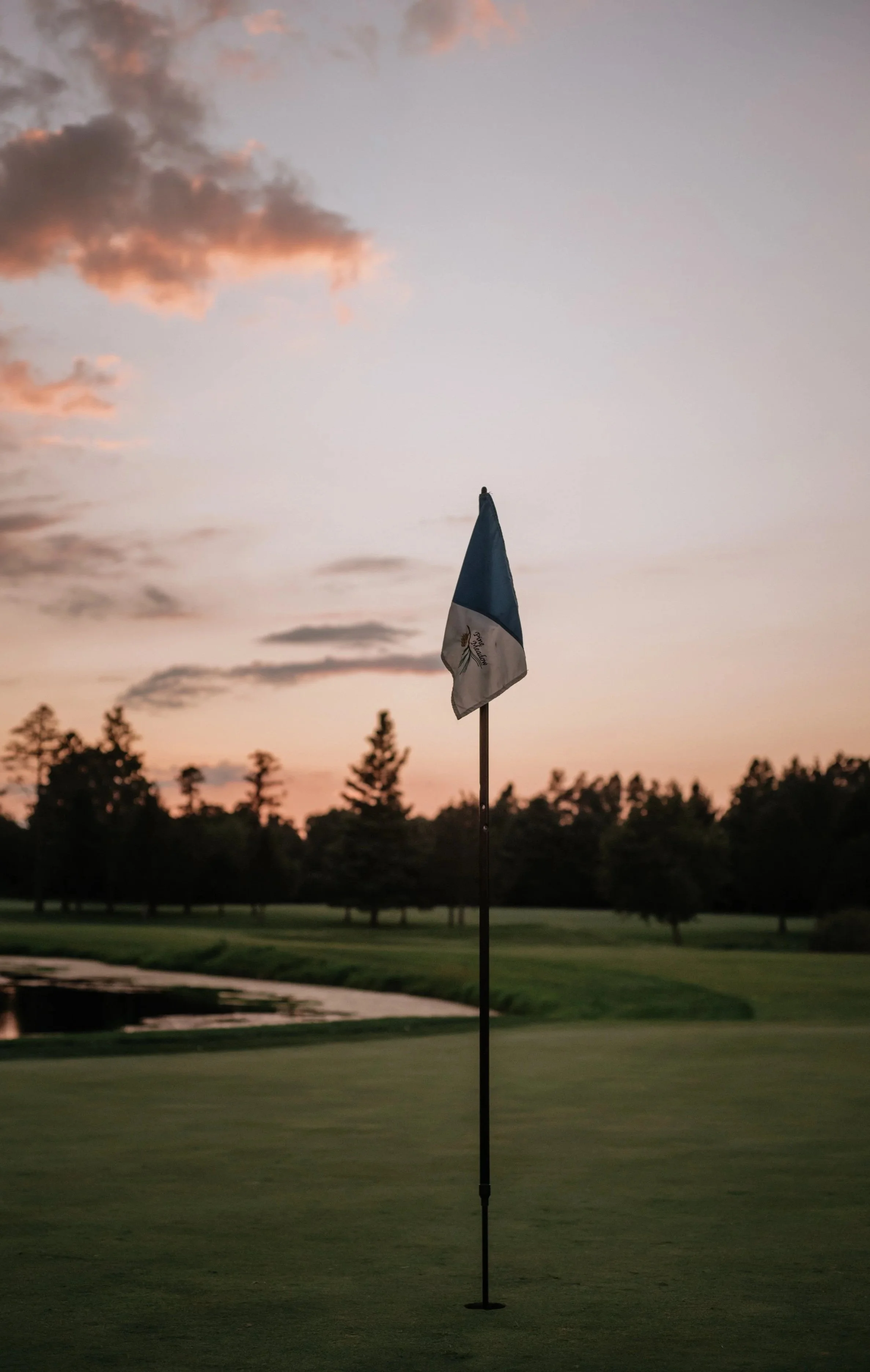 A golf course at sunset with a flag on the hole, trees in the background, and a cloudy sky with pink and orange hues.