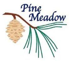 Logo of Pine Meadow featuring a pine cone hanging from a branch with green needles and the text Pine Meadow