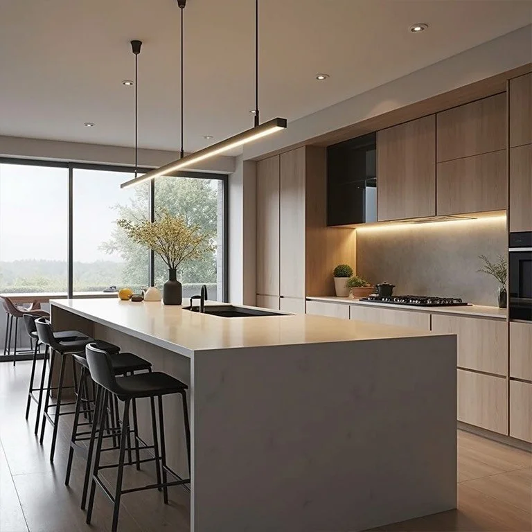 Modern kitchen with a large island, black bar stools, light wood cabinets, pendant lighting, and a window view of trees outside.