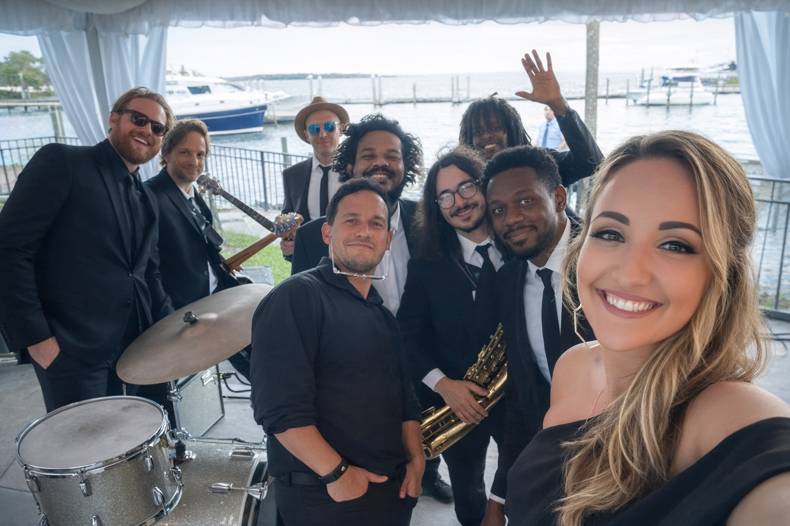 Luxury Jacksonville wedding band The Beach City Band performing at a high-end reception with live saxophone, drums, and professional event musicians.