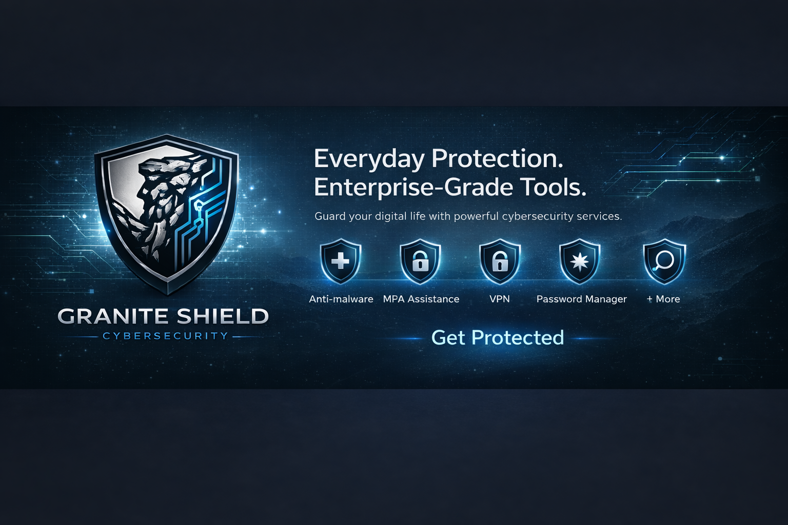 Promotional graphic for Granite Shield cybersecurity products highlighting abilities like anti-malware, MPA assistance, VPN, password manager, and more.
