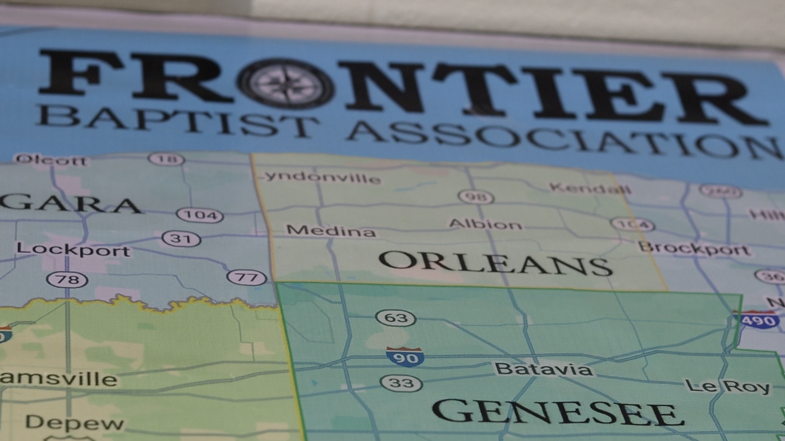 Close-up of a map showing the area around Orleans, Louisiana, with parts of Louisiana and Mississippi visible, including cities and highway numbers, and the title 'Frontier Baptist Association' at the top.