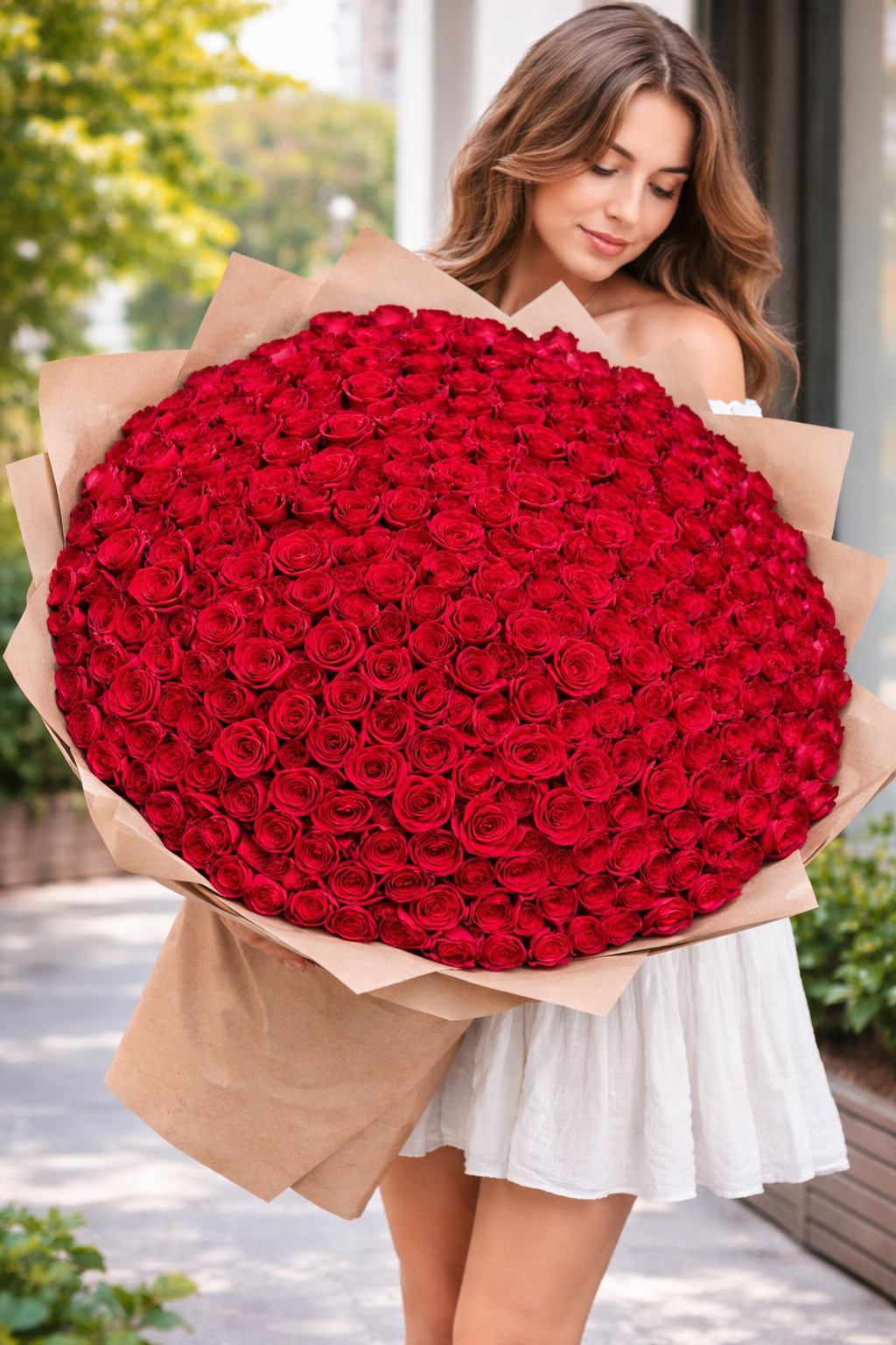 An elevated flower arrangement ideal for anniversaries and milestone moments. Bid red roses bouquet. 