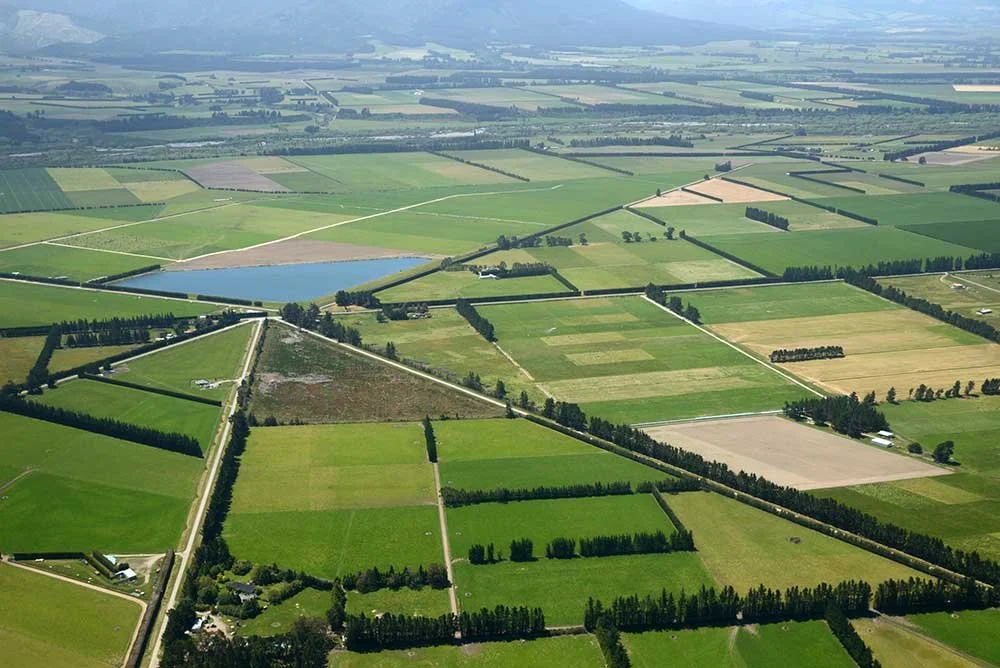 Aerial view of a patchwork of green and brown agricultural fields, with a small body of water and tree-lined borders.