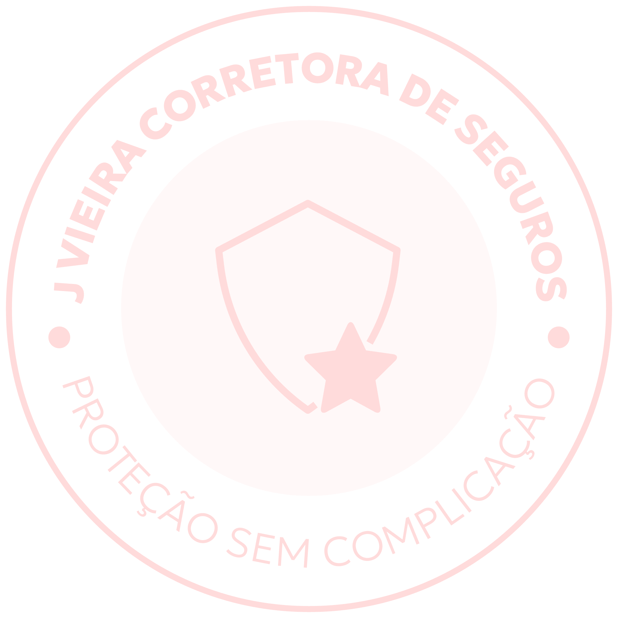 Etiqueta de segurança circular rosa claro e texto em volta, dizendo 'J Vieira Corretora de seguros, proteção sem complicação'.