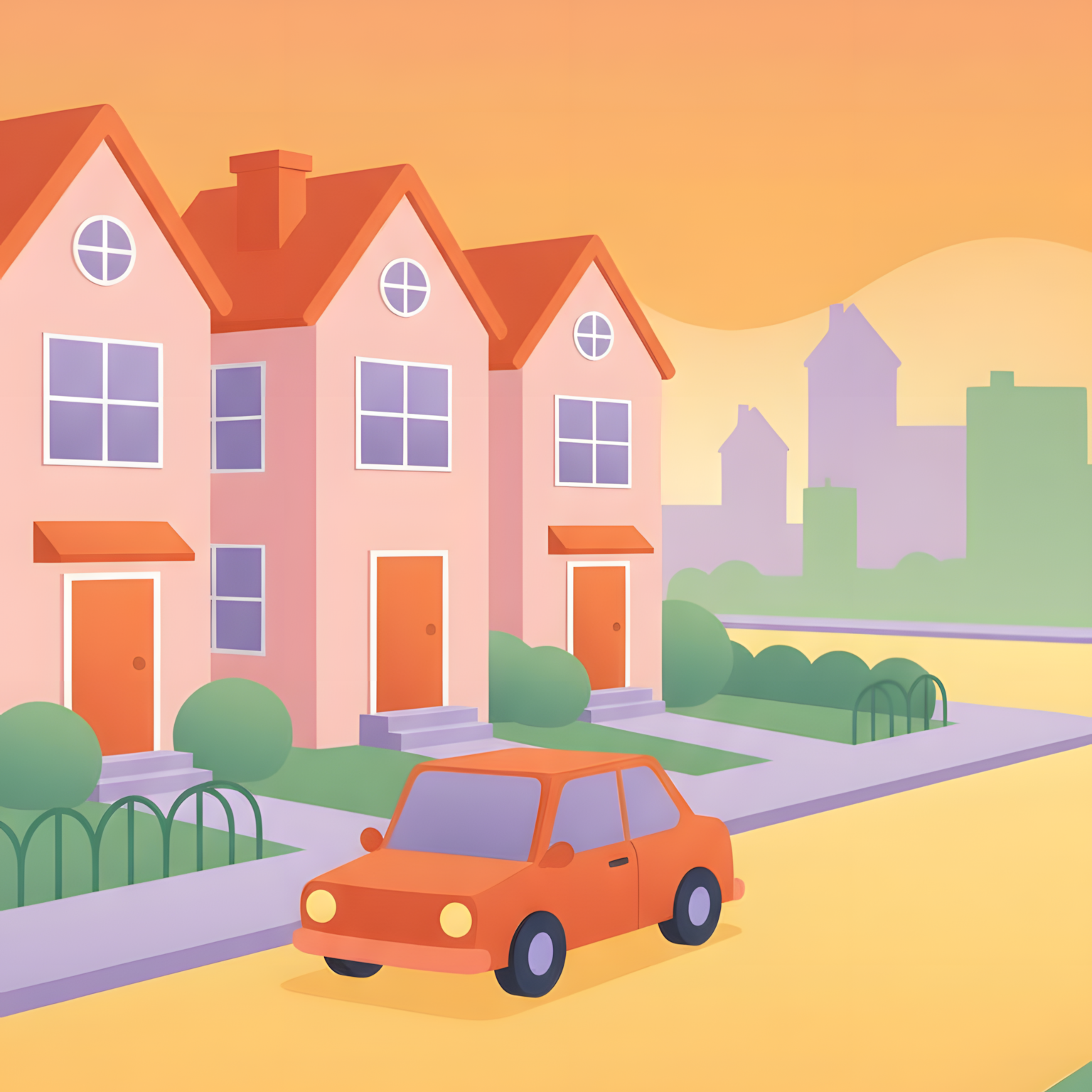 Ilustração de uma rua com casas de cor rosa, árvores verdes, um carro laranja na rua e um pôr do sol no céu.