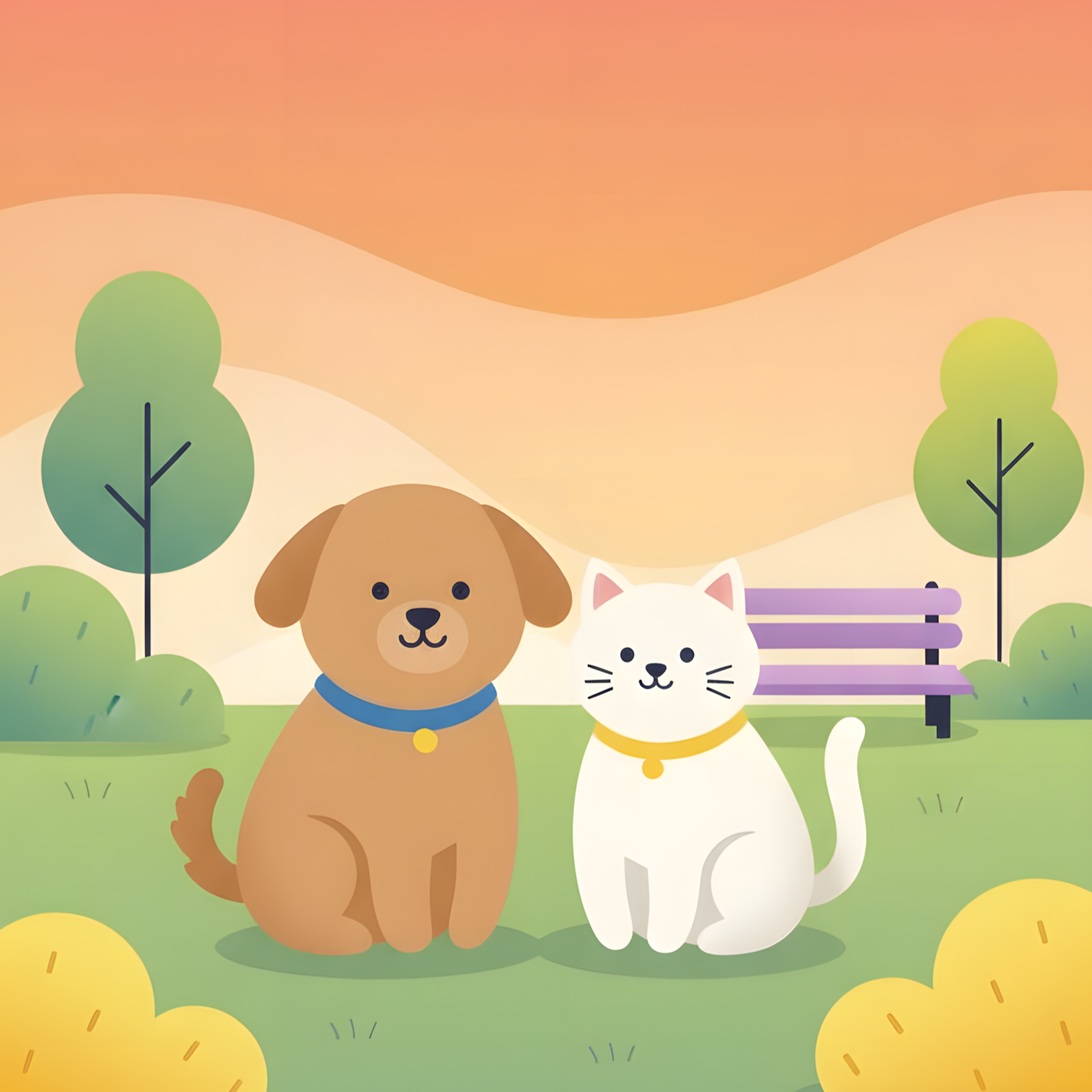 Ilustrações de um cachorro marrom com coleira azul e uma gata branca com coleira amarela, sentados em um parque, com árvores, arbustos, um banco e um céu com tons suaves de laranja, amarelo e verde.