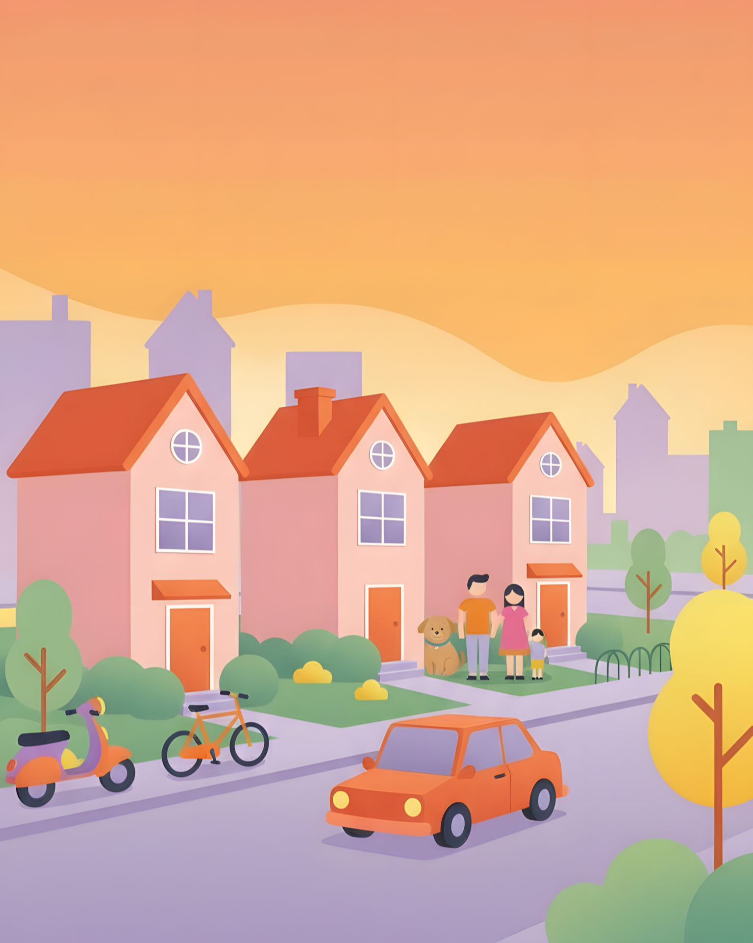 Ilustração de rua com três casas de cor rosa, árvores e veículos, incluindo uma moto, uma bicicleta e um carro, em um cenário ao entardecer, com uma família de três pessoas e um cachorro na calçada.