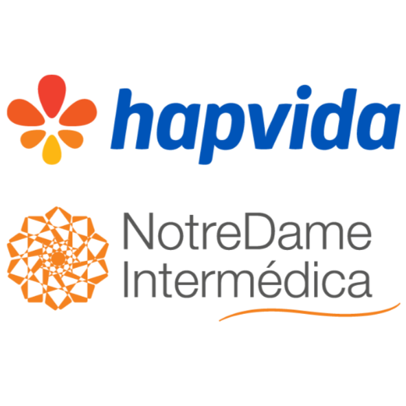 Logotipo da Hapvida com uma flor laranja, texto azul. Abaixo, logotipo da NoteDame Intermédica, com um formato arredondado em laranja e a palavra escrita em preto