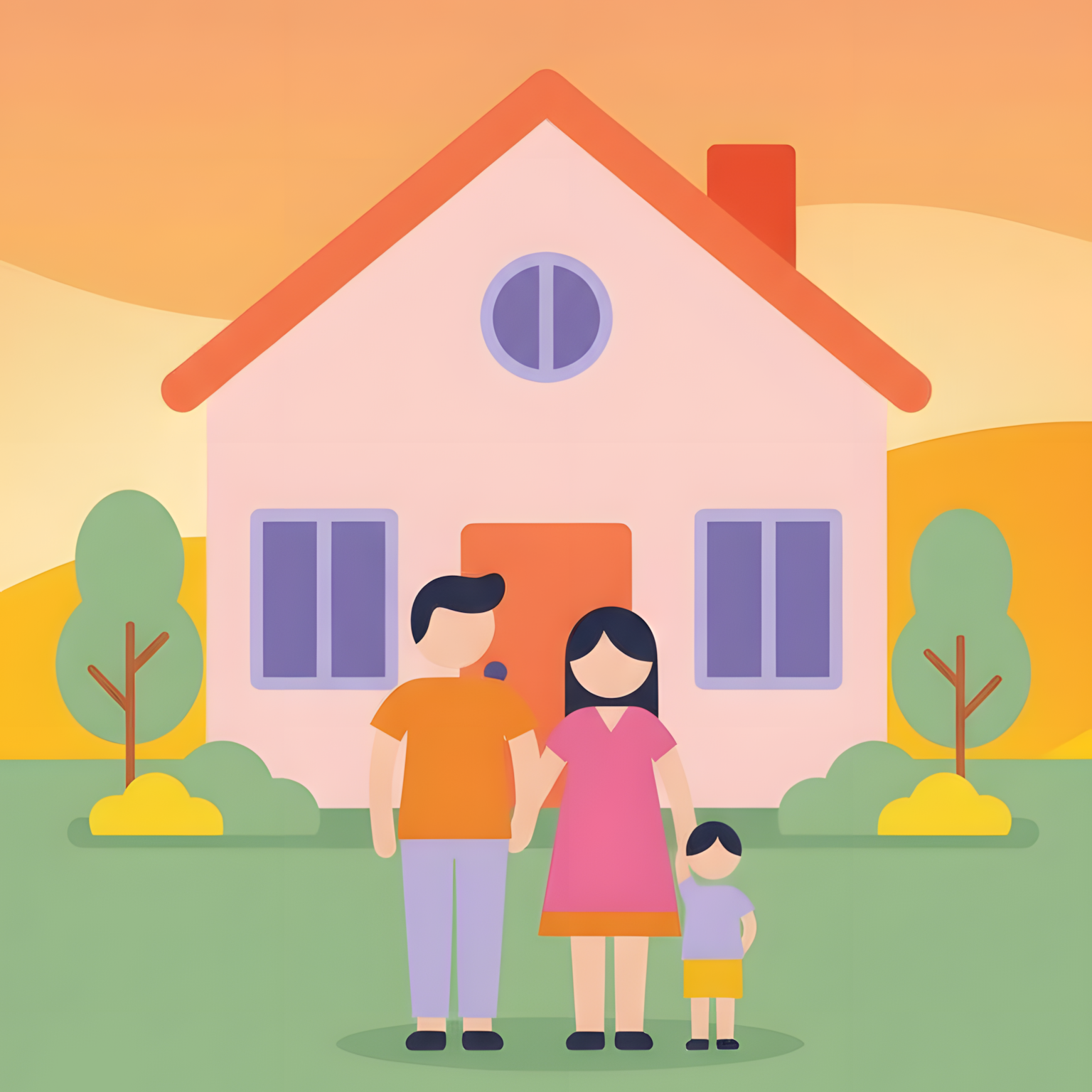 Ilustração digital de uma família com dois adultos e uma criança em frente a uma casa, com árvores ao redor, em cores suaves e fundo de céu amarelado.