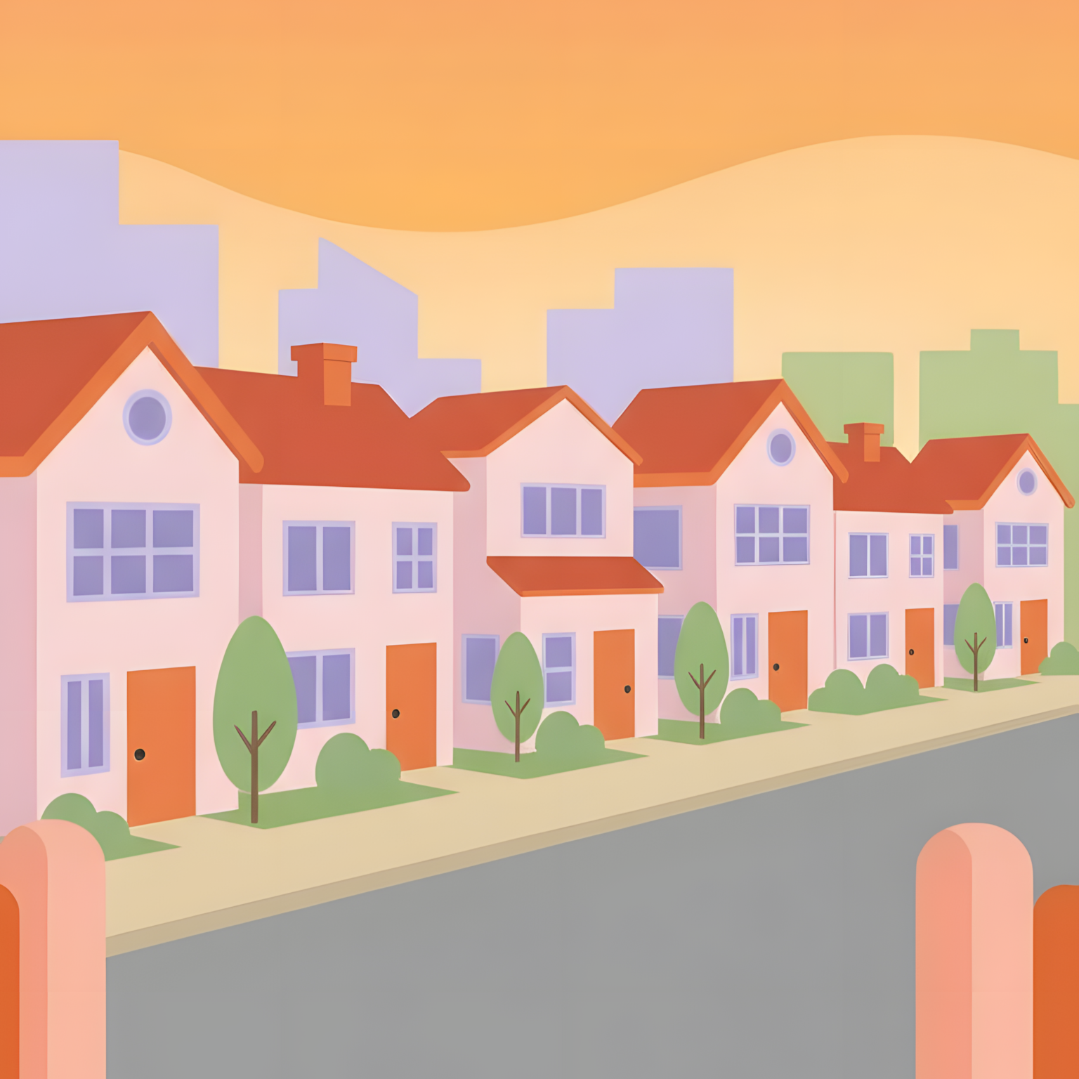 Ilustração de casas residenciais com árvores ao longo de uma rua, com um céu alaranjado ao fundo.