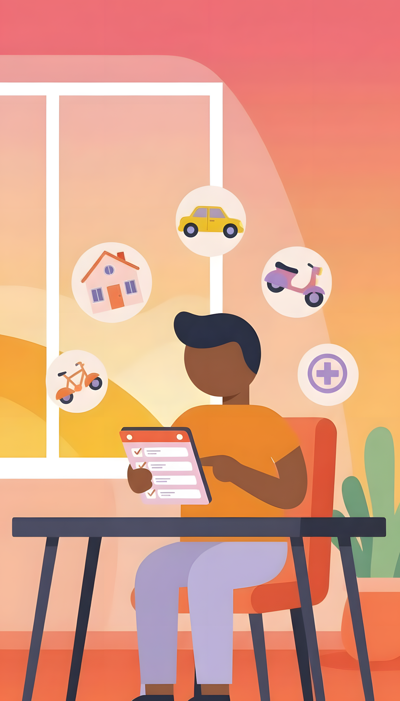 Pessoa sentado à mesa, segurando um tablet, com ícones de casa, carro, scooter, bicicleta e símbolo de saúde ao redor da janela ao fundo.